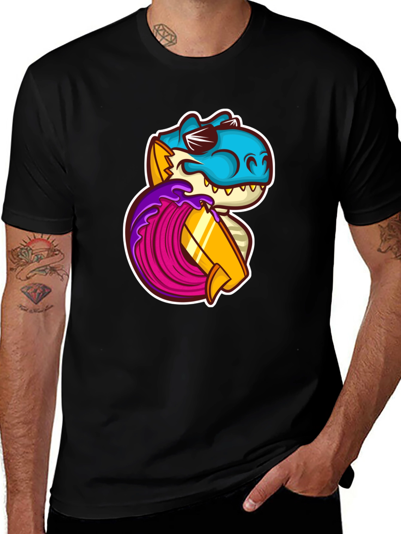 Dino Surfer Tee - Cool Cartoon Dinosaur on Surfboard