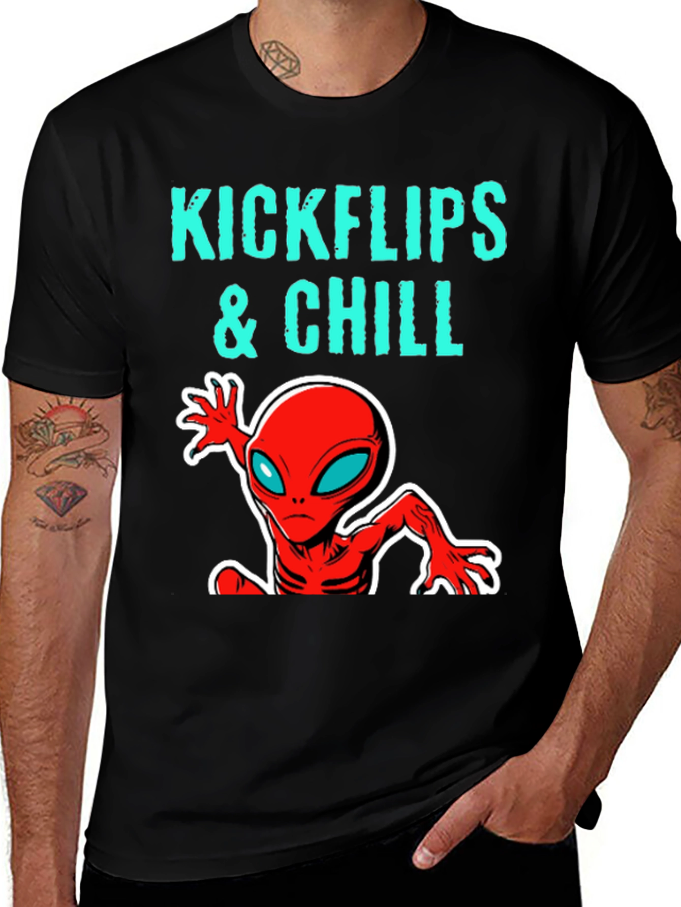 Variant 24 of Kickflips & Chill Graphic Tee - Alien Design Black T-Shirt