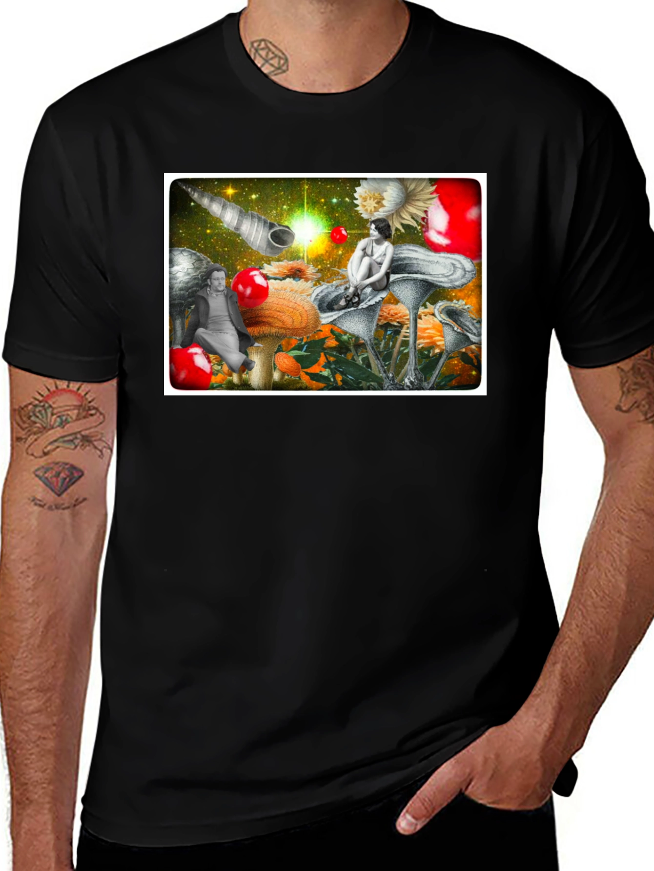 Variant 4 of Surreal Mushroom Garden Graphic Tee - Black