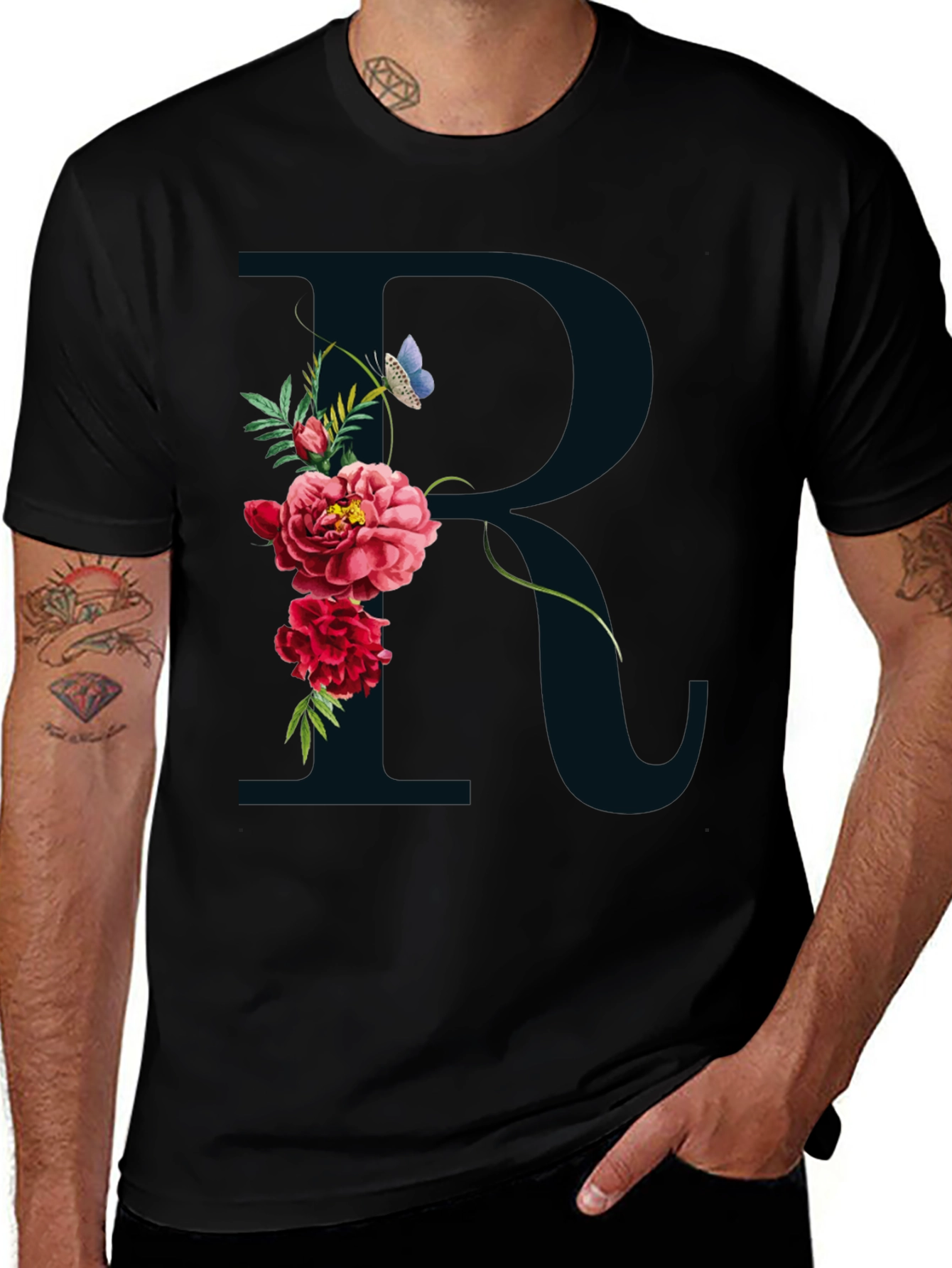 Variant 26 of Floral R Initial Black T-Shirt