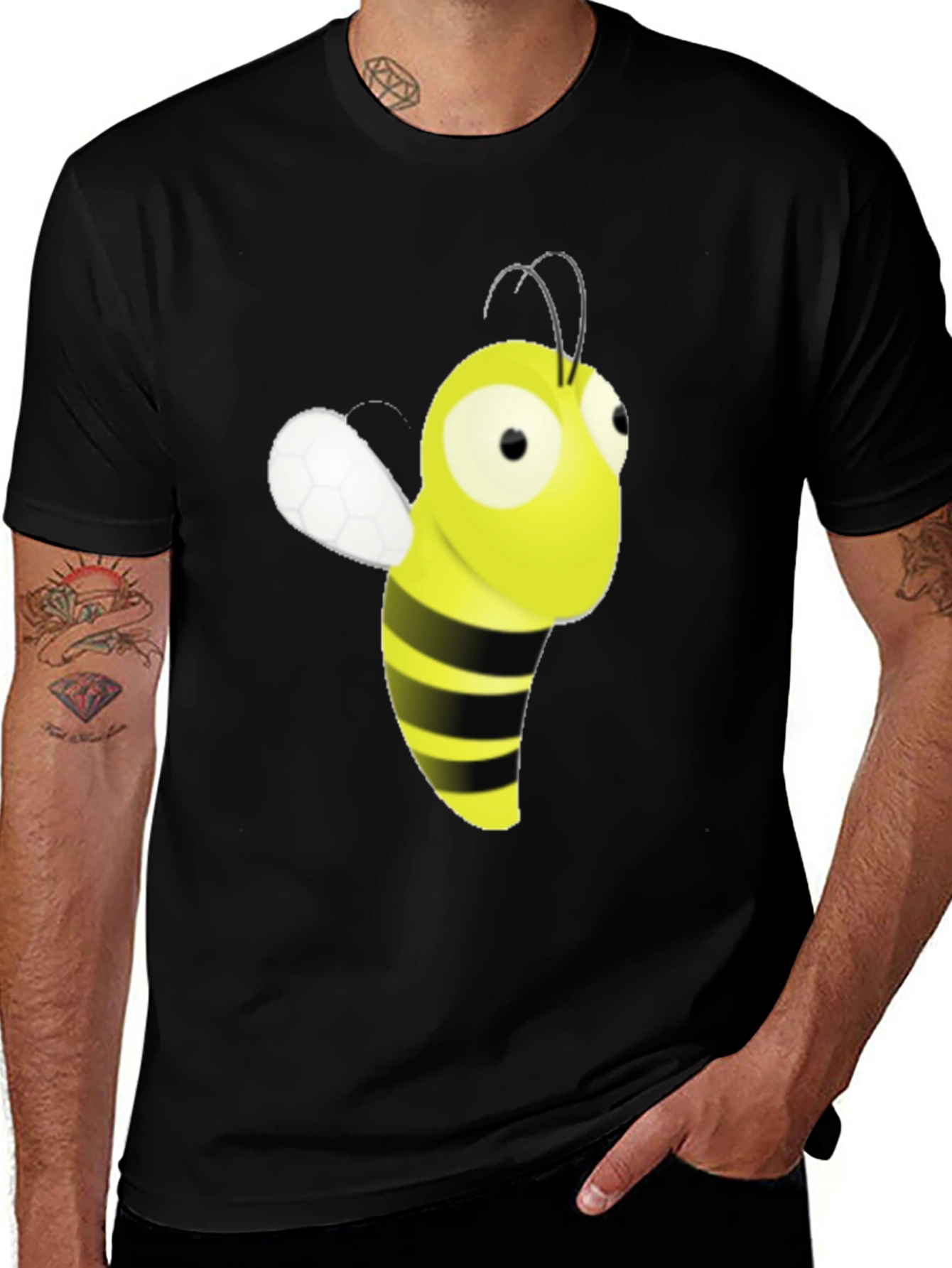 Cartoon Bee Graphic Tee - Black Cotton Blend