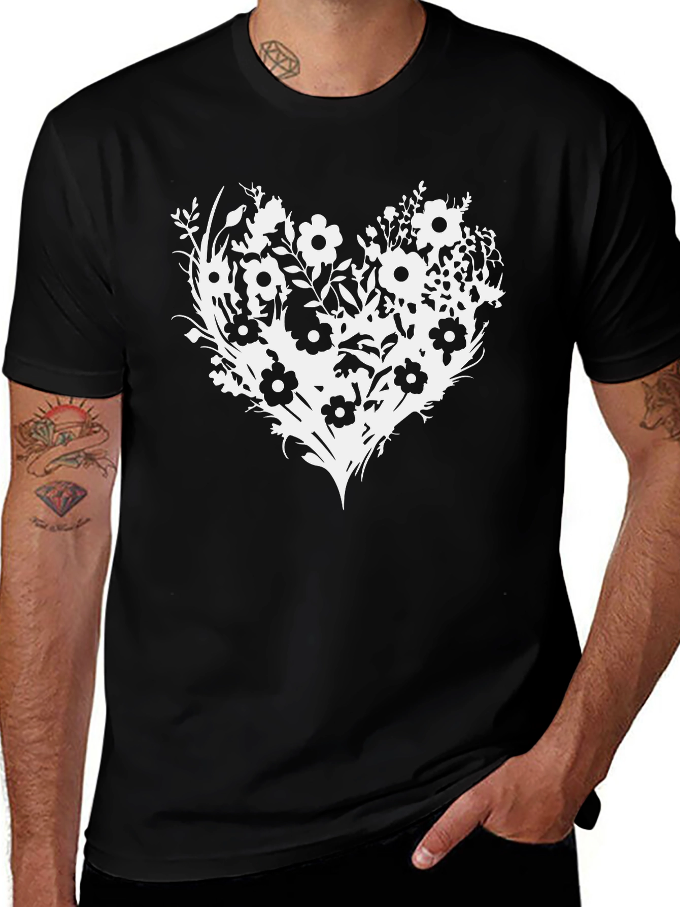 Variant 26 of Floral Heart Graphic Tee - Black Cotton Blend T-Shirt