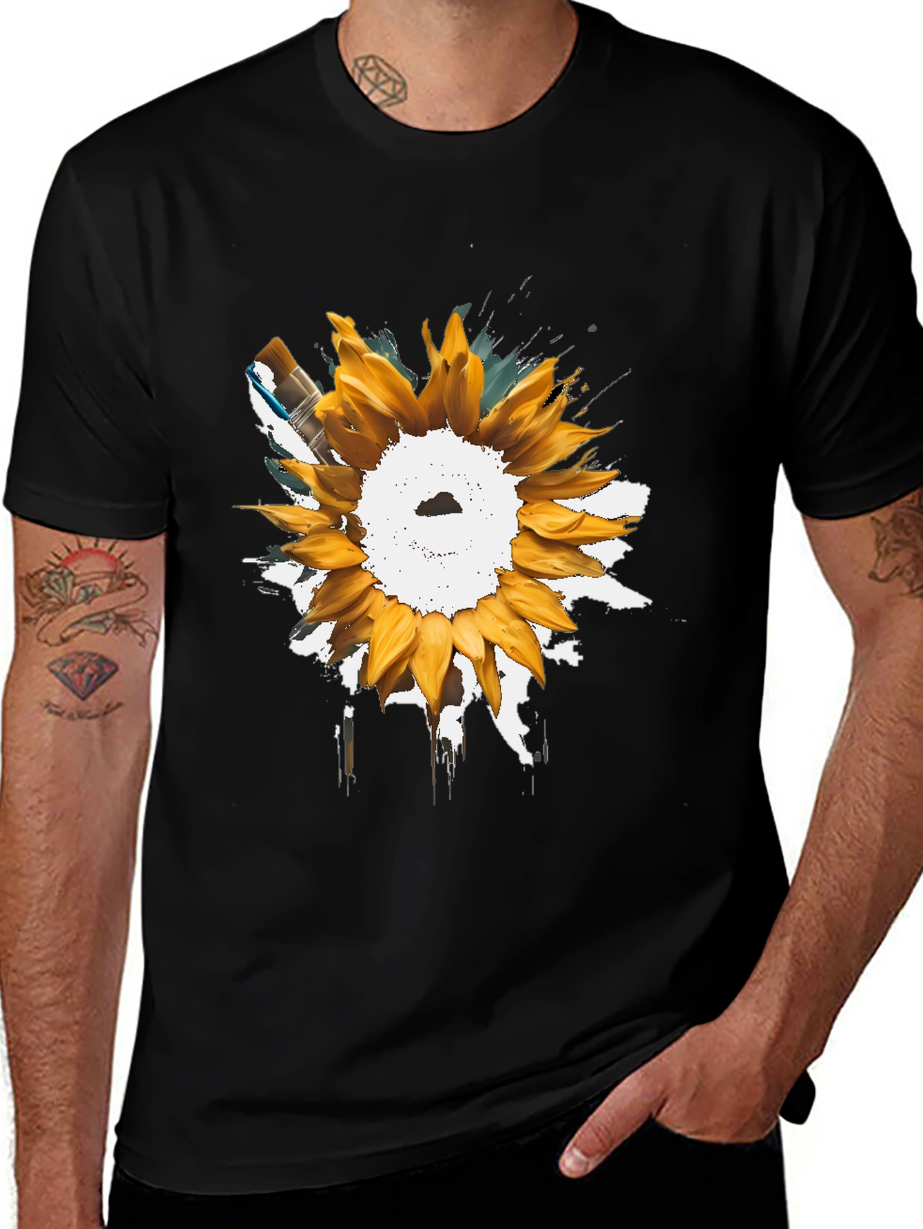 Sunflower Paint Splatter Black T-Shirt