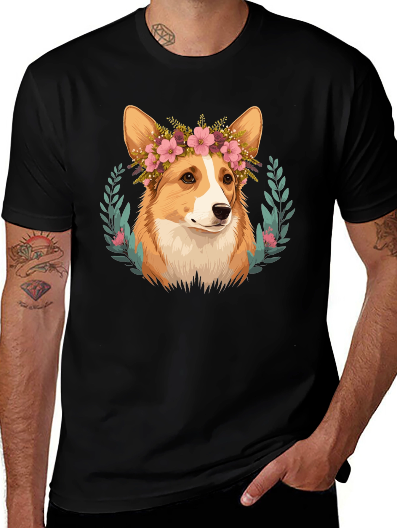 Corgi Flower Crown Black T-Shirt
