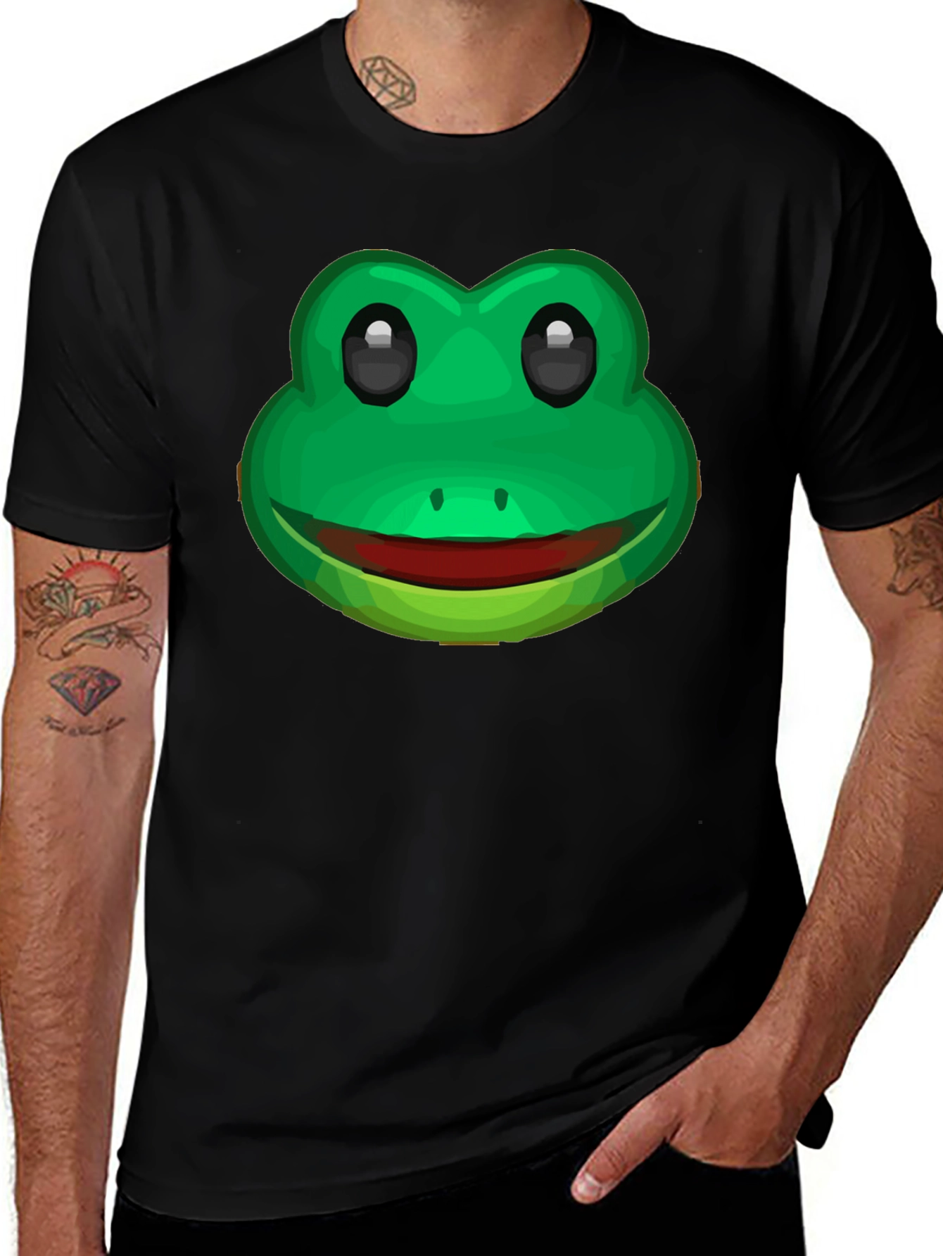 Variant 14 of Funny Frog Face Graphic T-Shirt - Black Cotton Tee