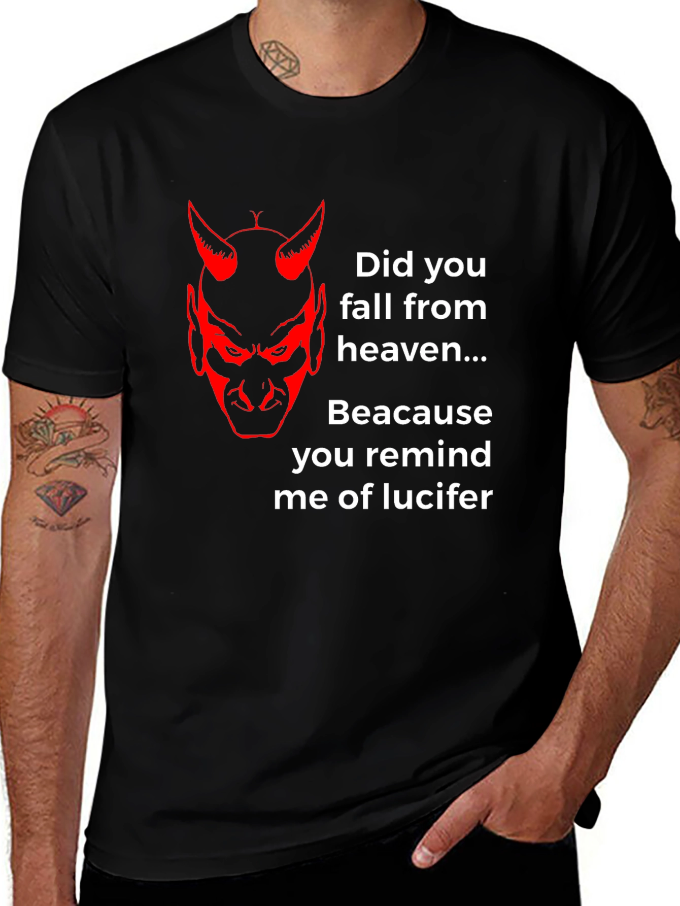 Variant 12 of Humorous "Lucifer" Graphic Tee - Black Cotton Blend
