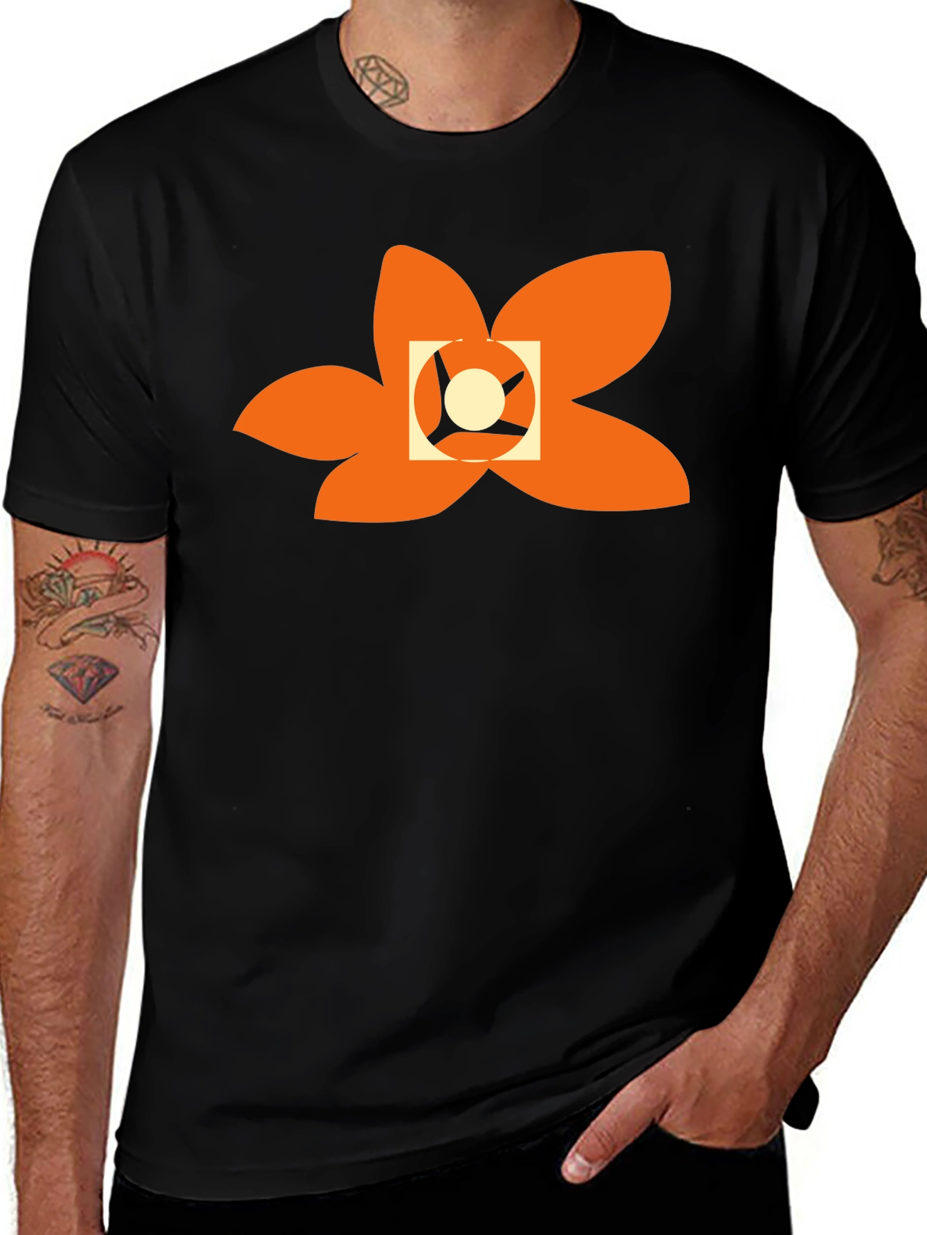 Variant 7 of Black T-Shirt with Abstract Orange Floral Design
