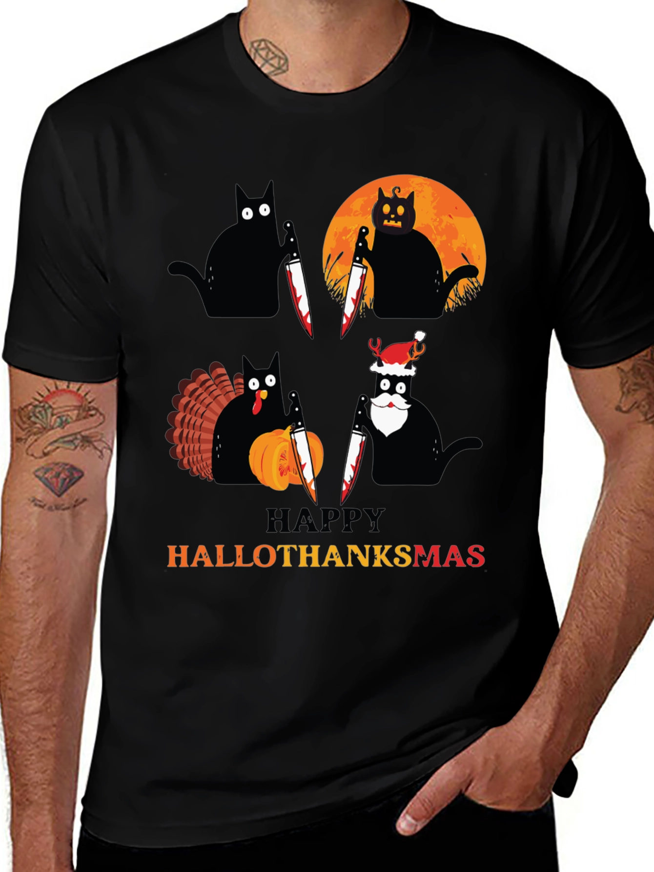 Happy HalloThanksmas Black Cat Holiday T-Shirt