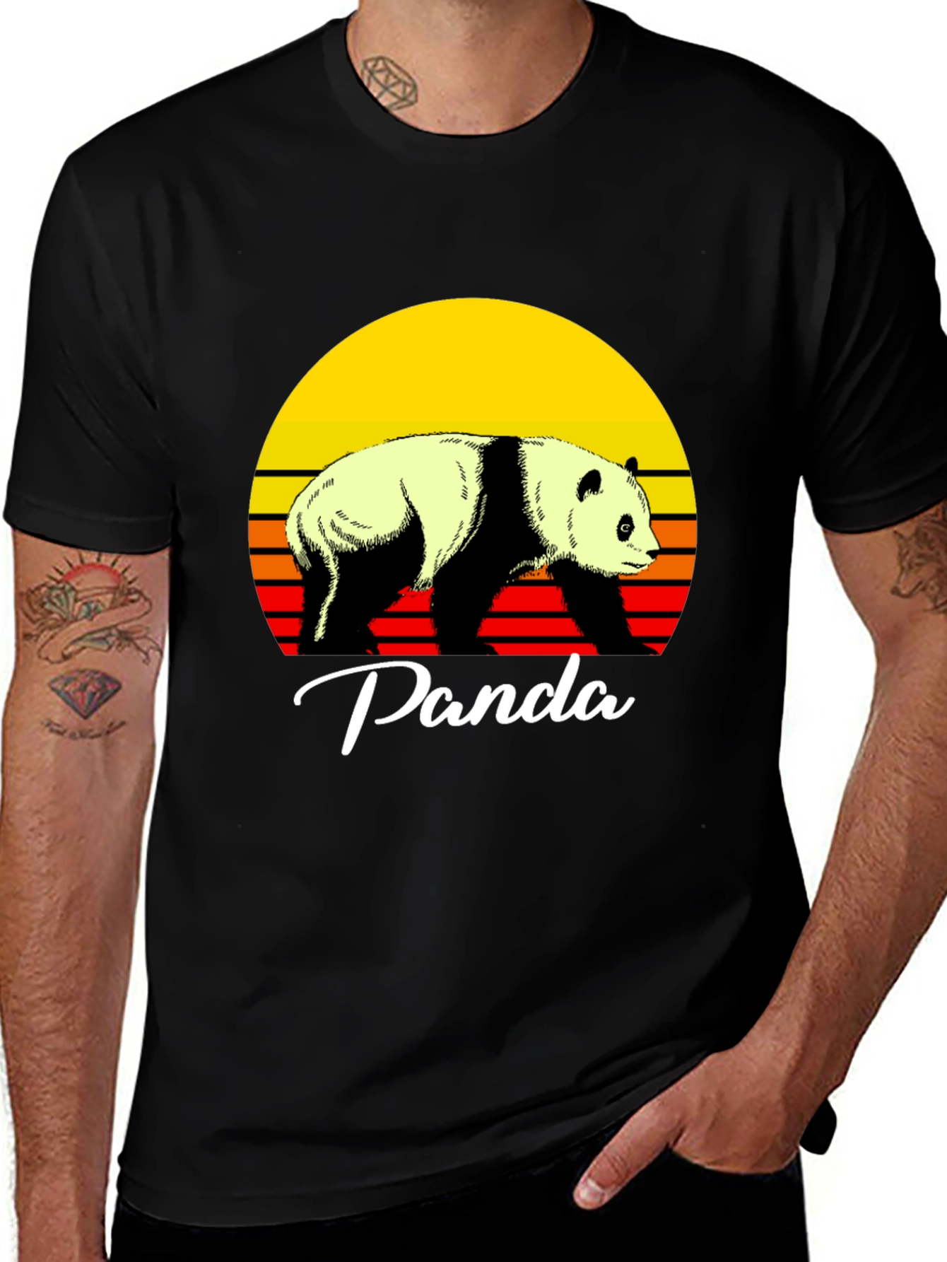 Black Retro Panda Graphic Tee - Sunset Design main image
