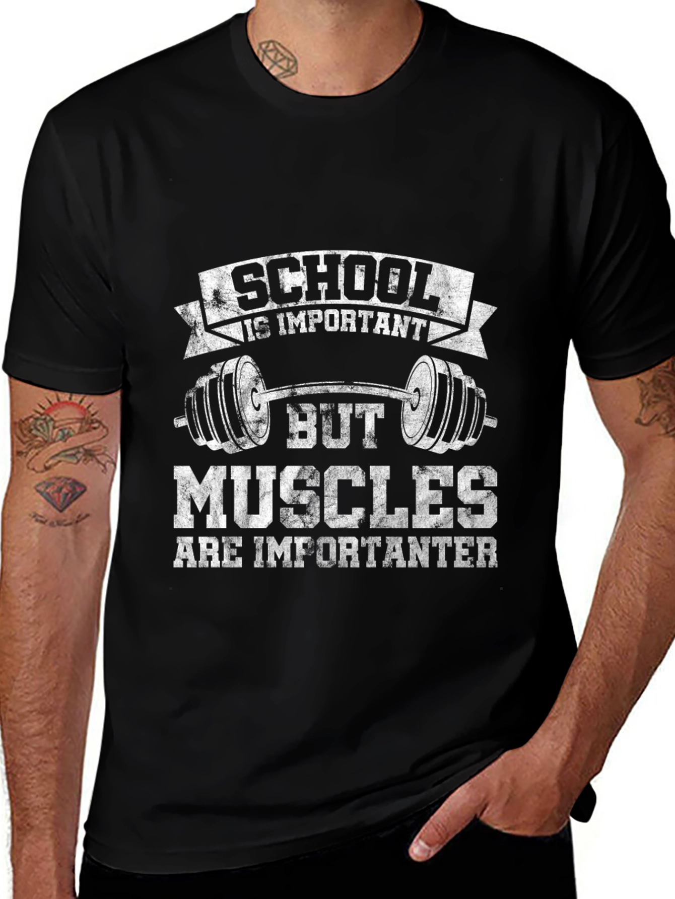 Variant 27 of School Is Important Muscles Importanter Black T-Shirt