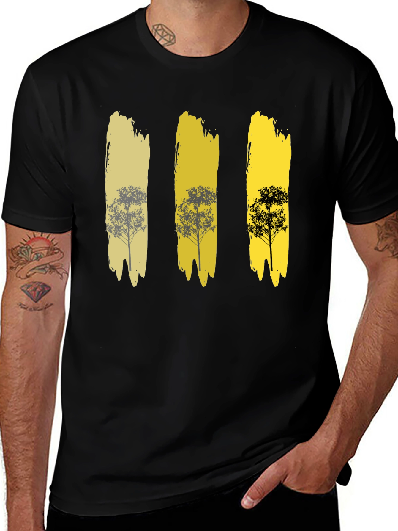 Variant 6 of Men's Black T-Shirt with Yellow Tree Stripe Design