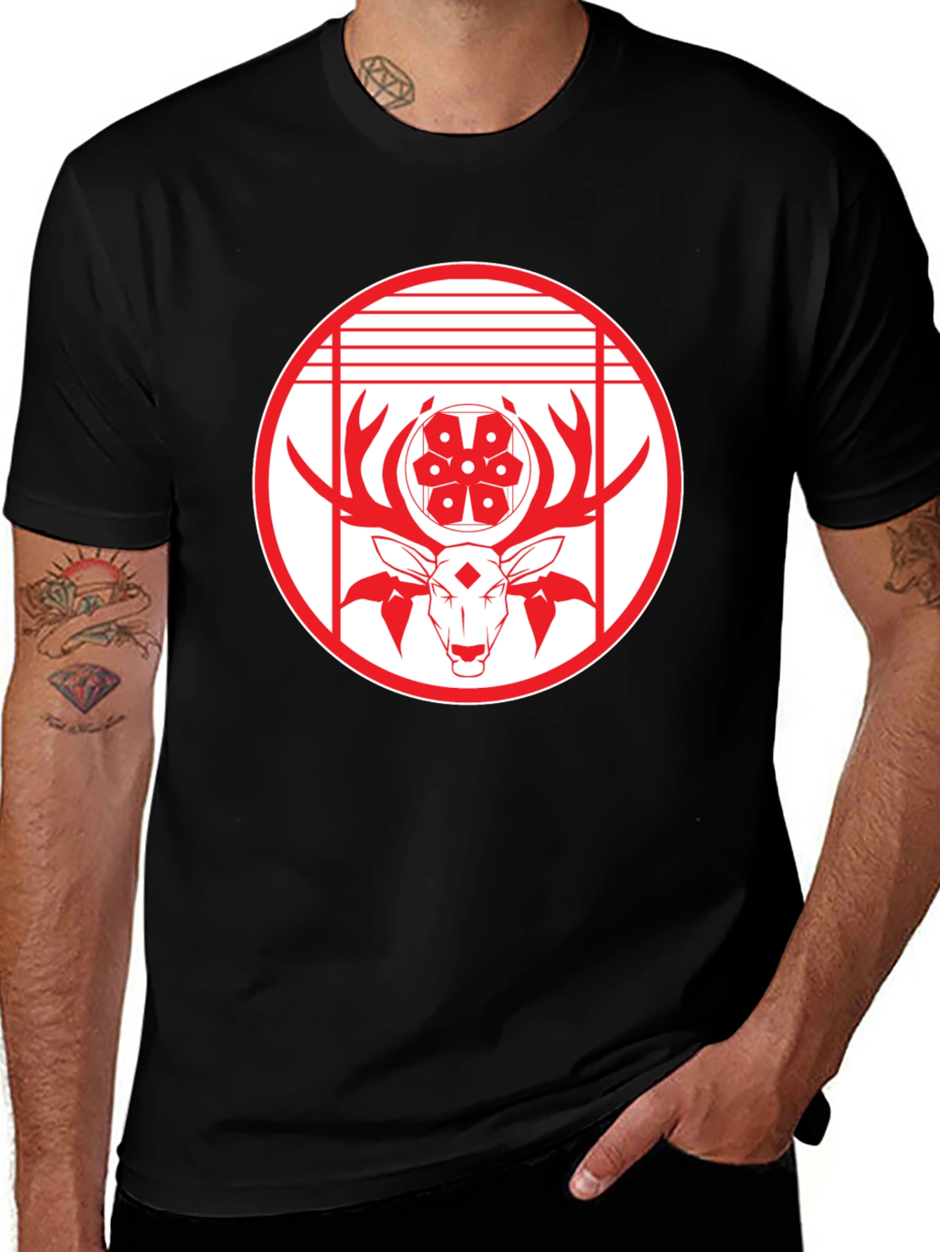 Variant 26 of Deer Emblem Graphic Black T-Shirt