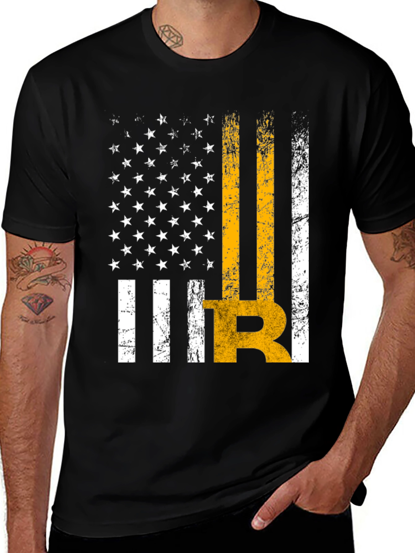 Variant 5 of Distressed American Flag Bitcoin Graphic T-Shirt