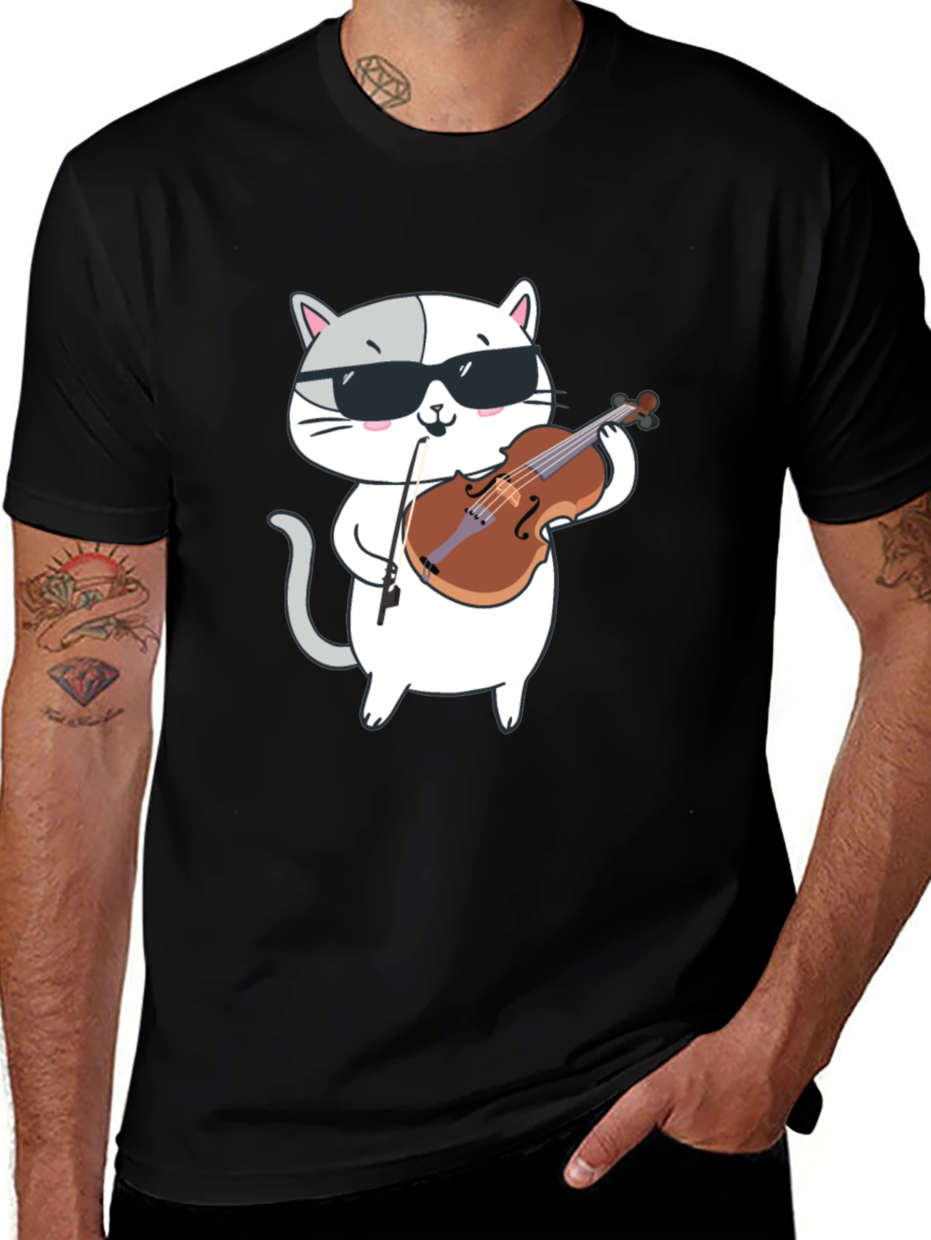 Variant 10 of Cool Cat Violinist Graphic Tee - Black