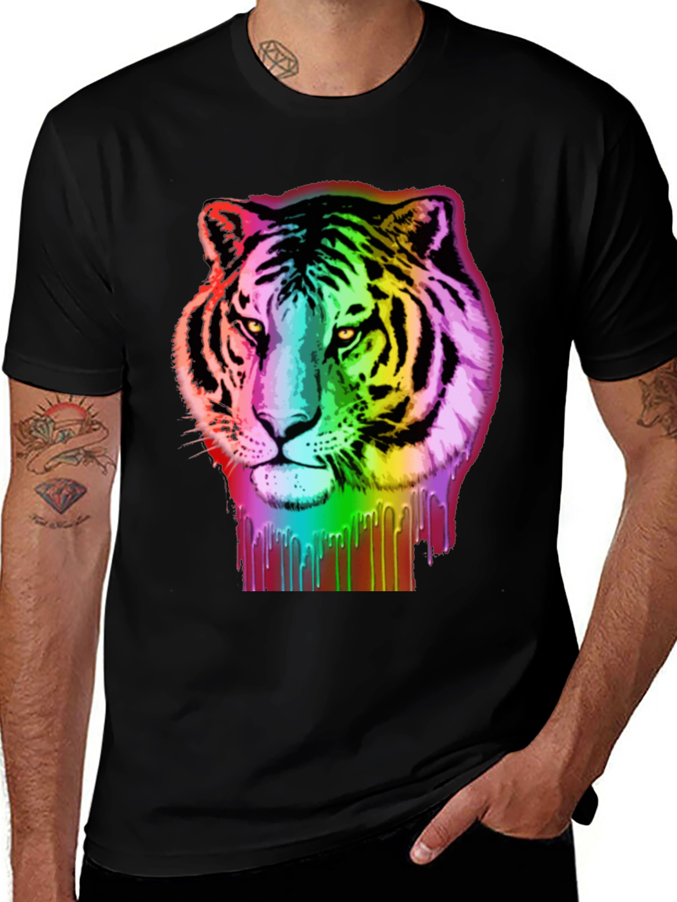Variant 28 of Rainbow Tiger Graphic Tee - Black Cotton T-Shirt