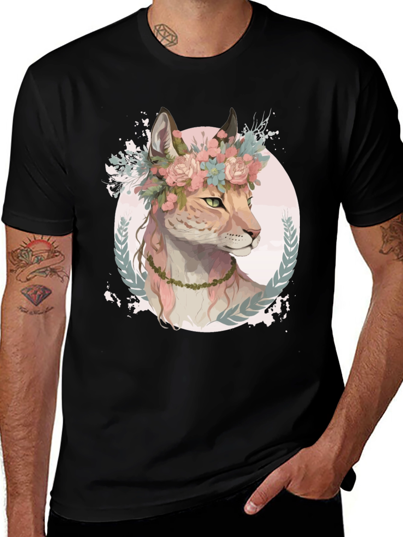 Lynx with Floral Crown Graphic Tee