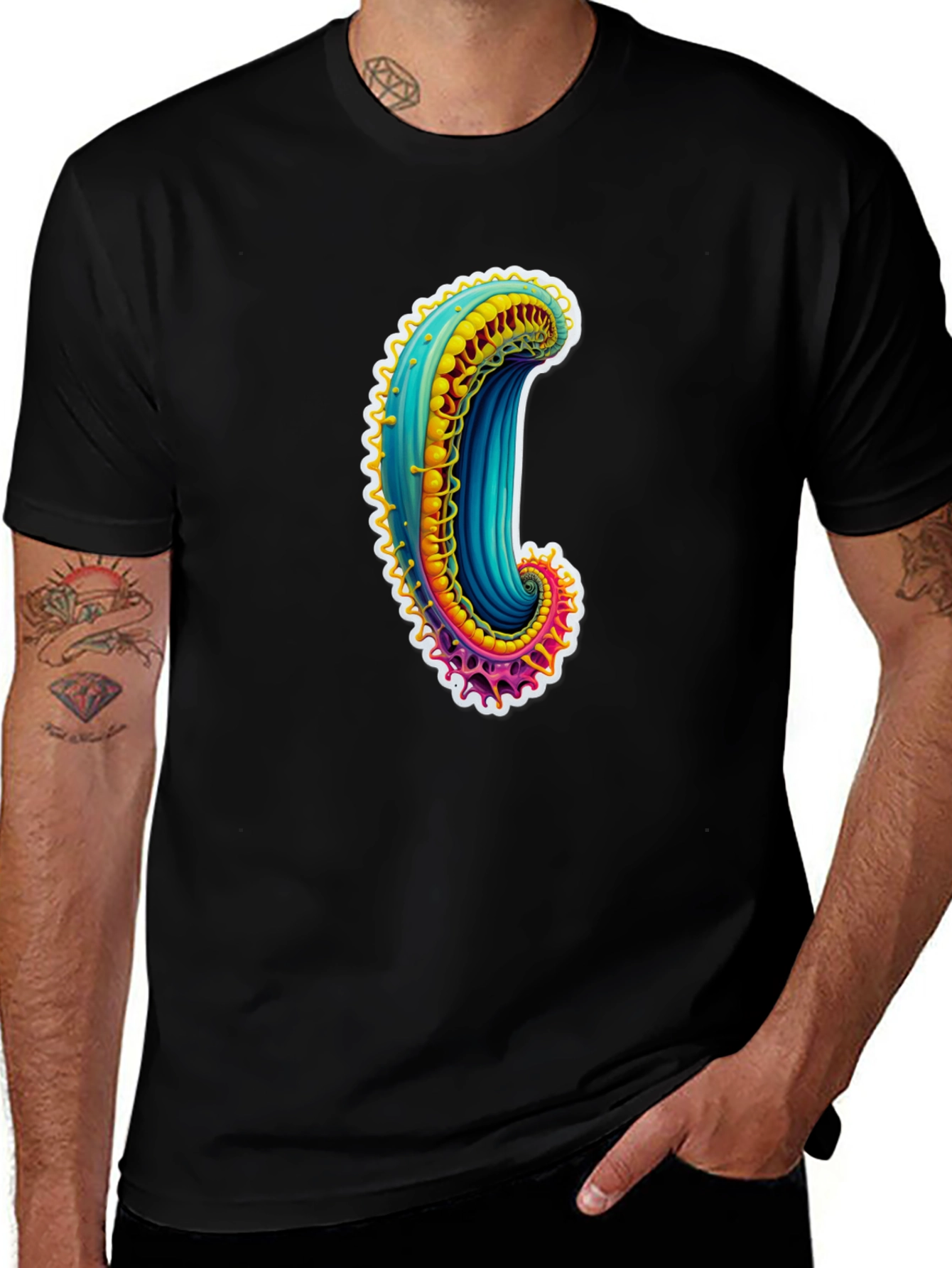 Variant 23 of Abstract Colorful Tentacle Graphic Tee - Casual Black T-Shirt