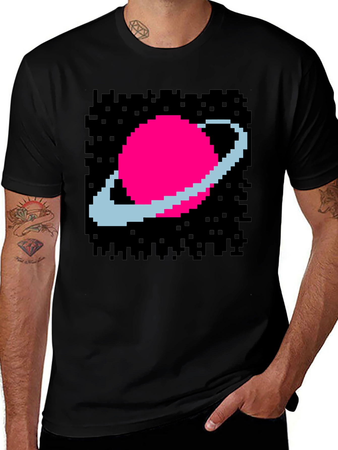 Retro Pixel Saturn T-Shirt - Black Graphic Tee