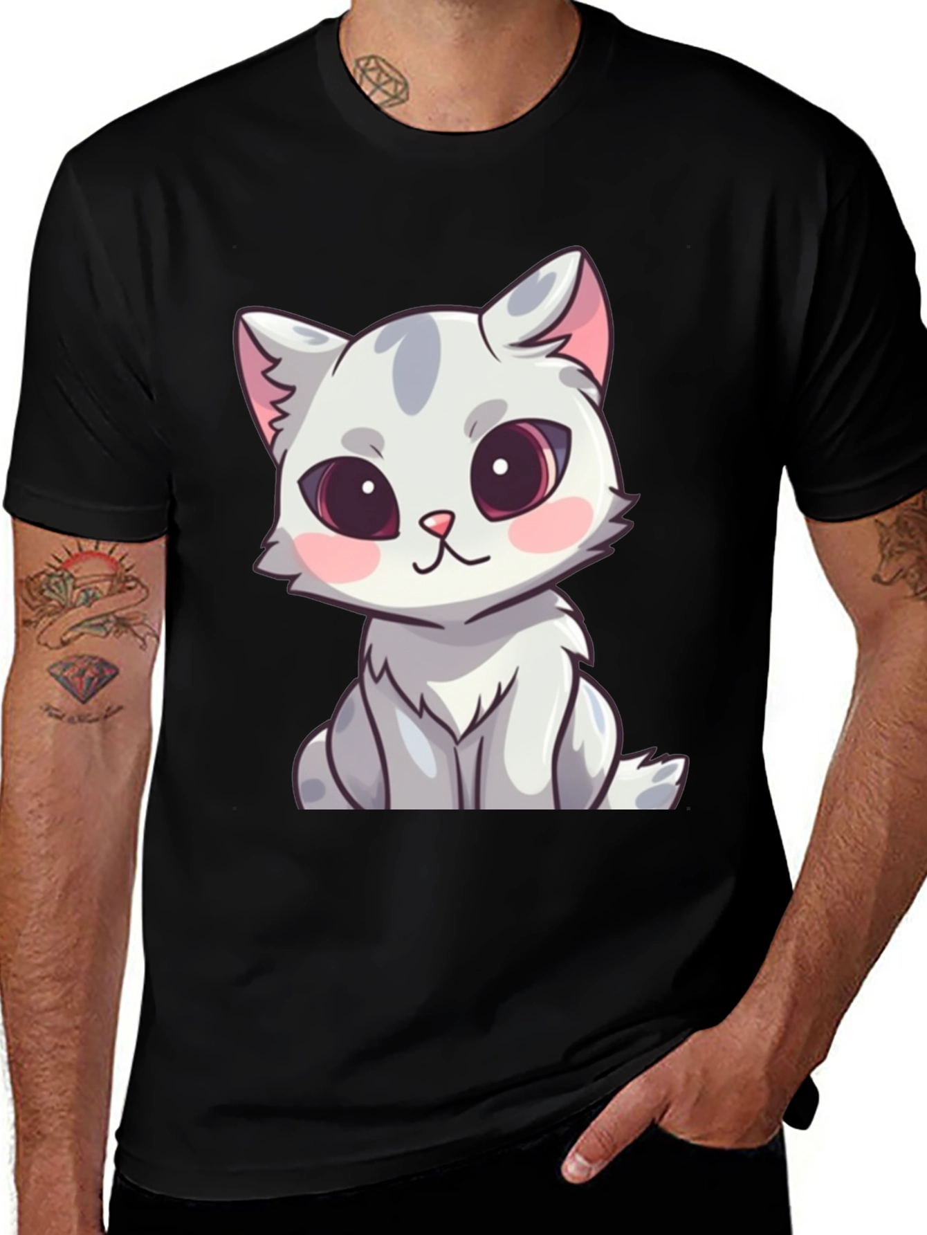 Variant 18 of Cute Cartoon Cat Graphic T-Shirt - Black