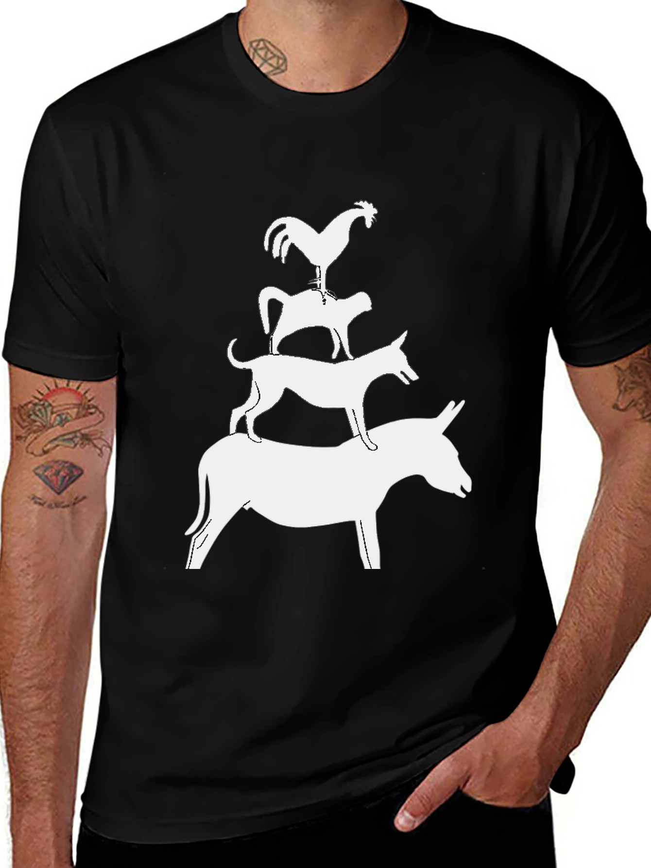 Black Bremen Town Musicians Graphic T-Shirt - Stacked Animal Tee main image