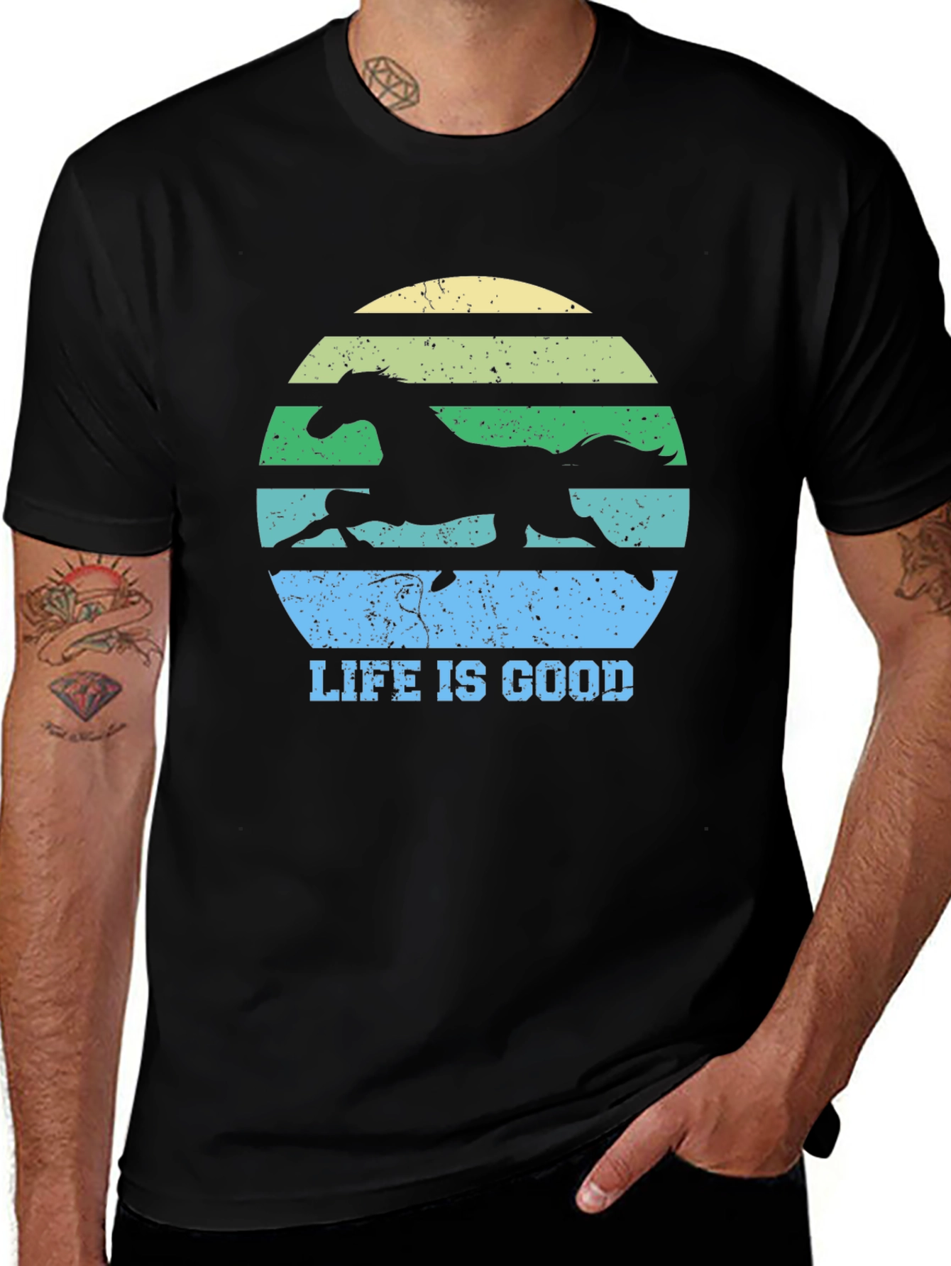 Variant 17 of Life Is Good Horse Silhouette Tee - Retro Sunset Style