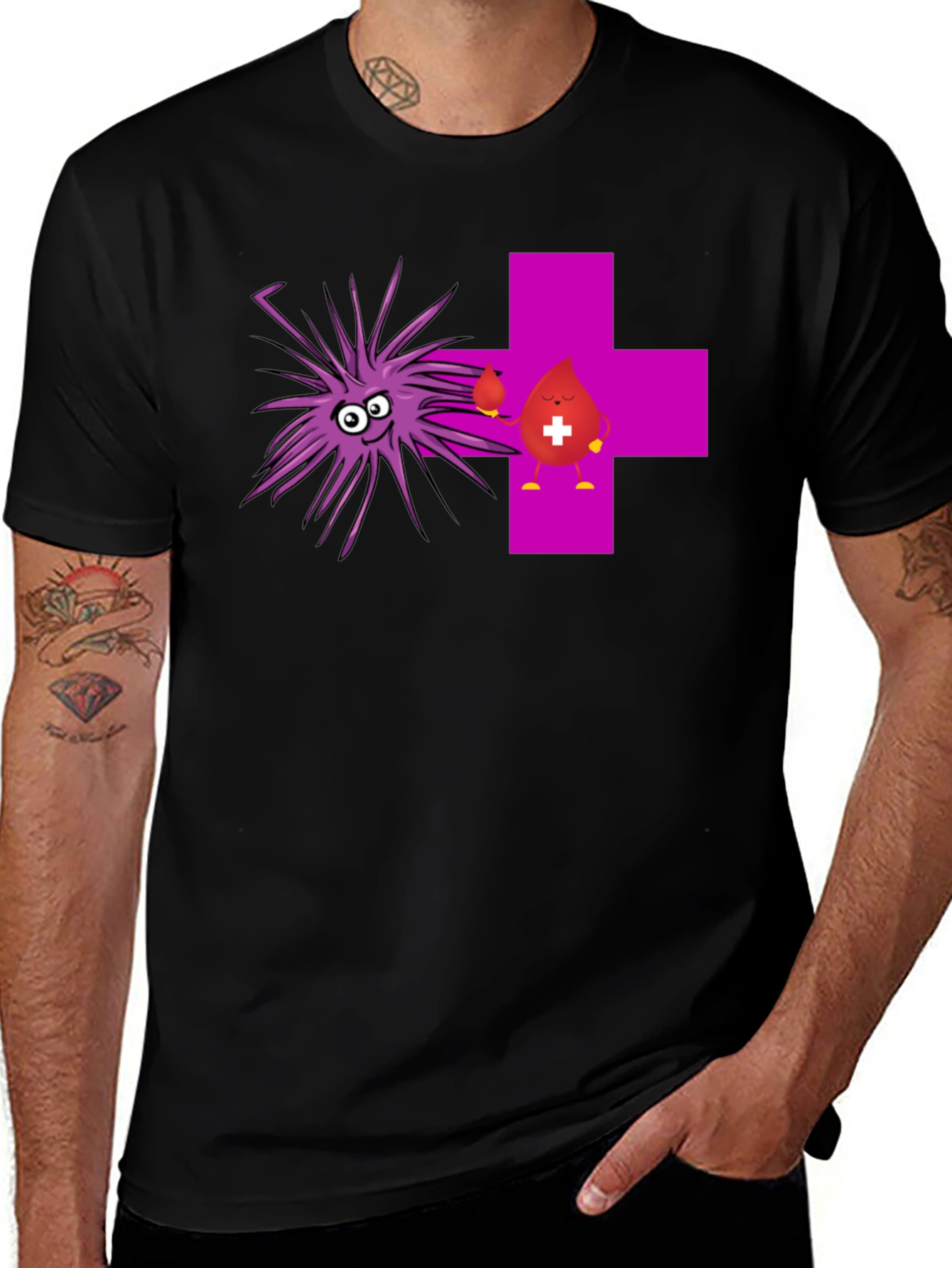 Variant 6 of Funny Black T-Shirt with Cartoon Germs and Blood Drop