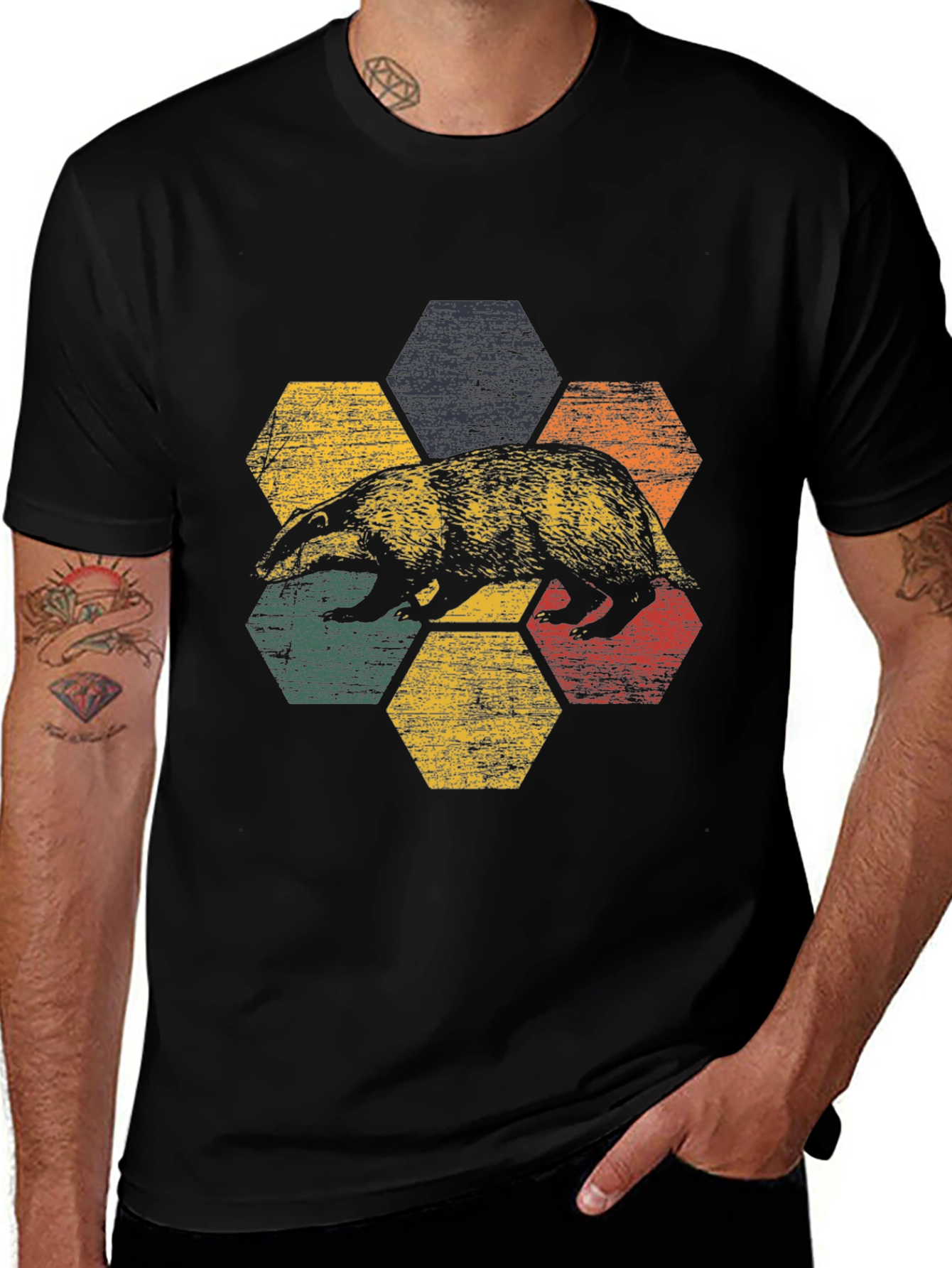 Variant 14 of Retro Badger Hexagon Graphic Tee - Unisex Cotton Blend