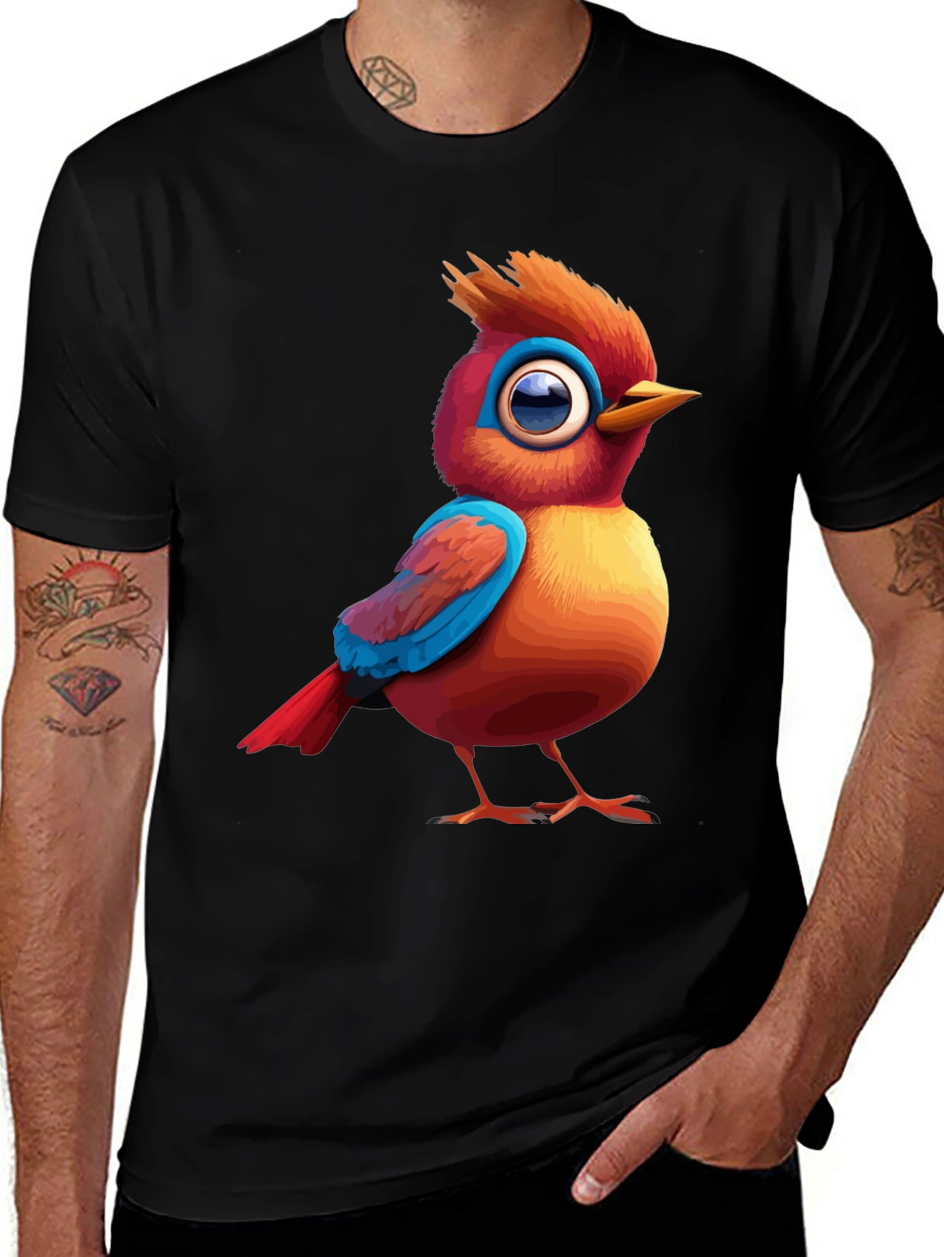 Variant 29 of Cartoon Bird Graphic Tee - Black Cotton T-Shirt
