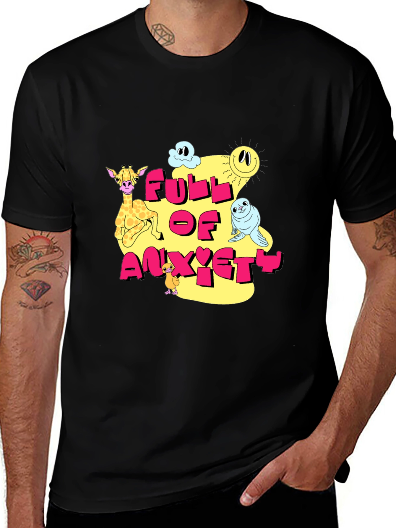 Variant 30 of Full of Anxiety Cartoon Graphic Black Tee