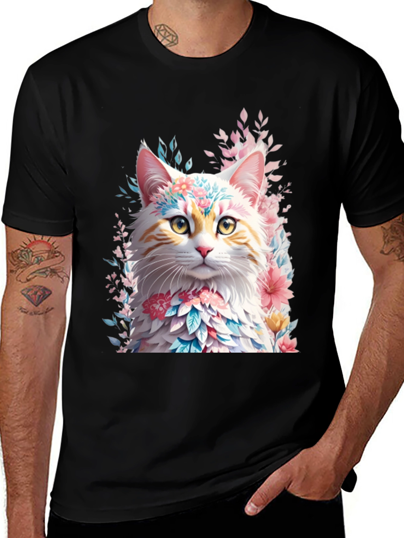 Variant 26 of Floral Cat Print Black T-Shirt