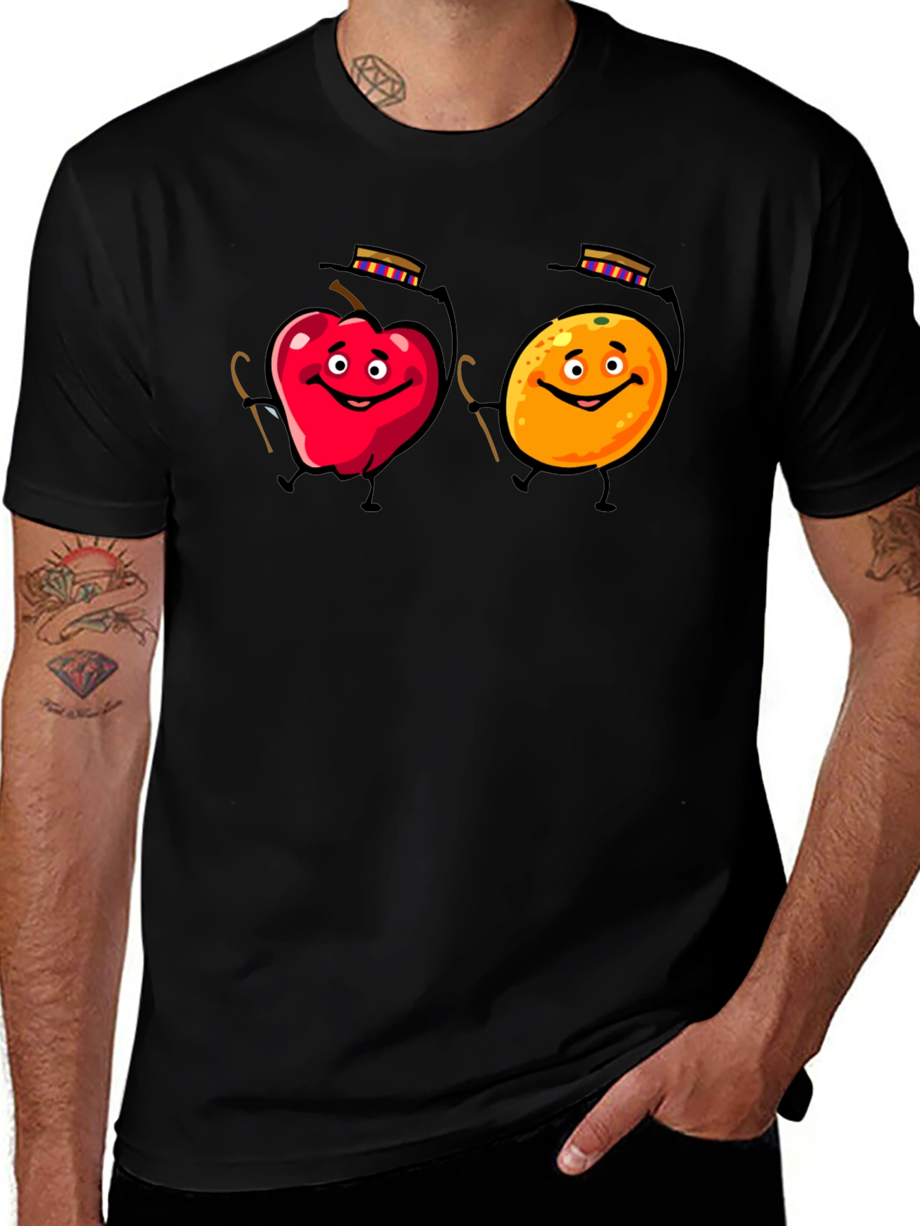 Whimsical Fruit Cartoon Black T-Shirt