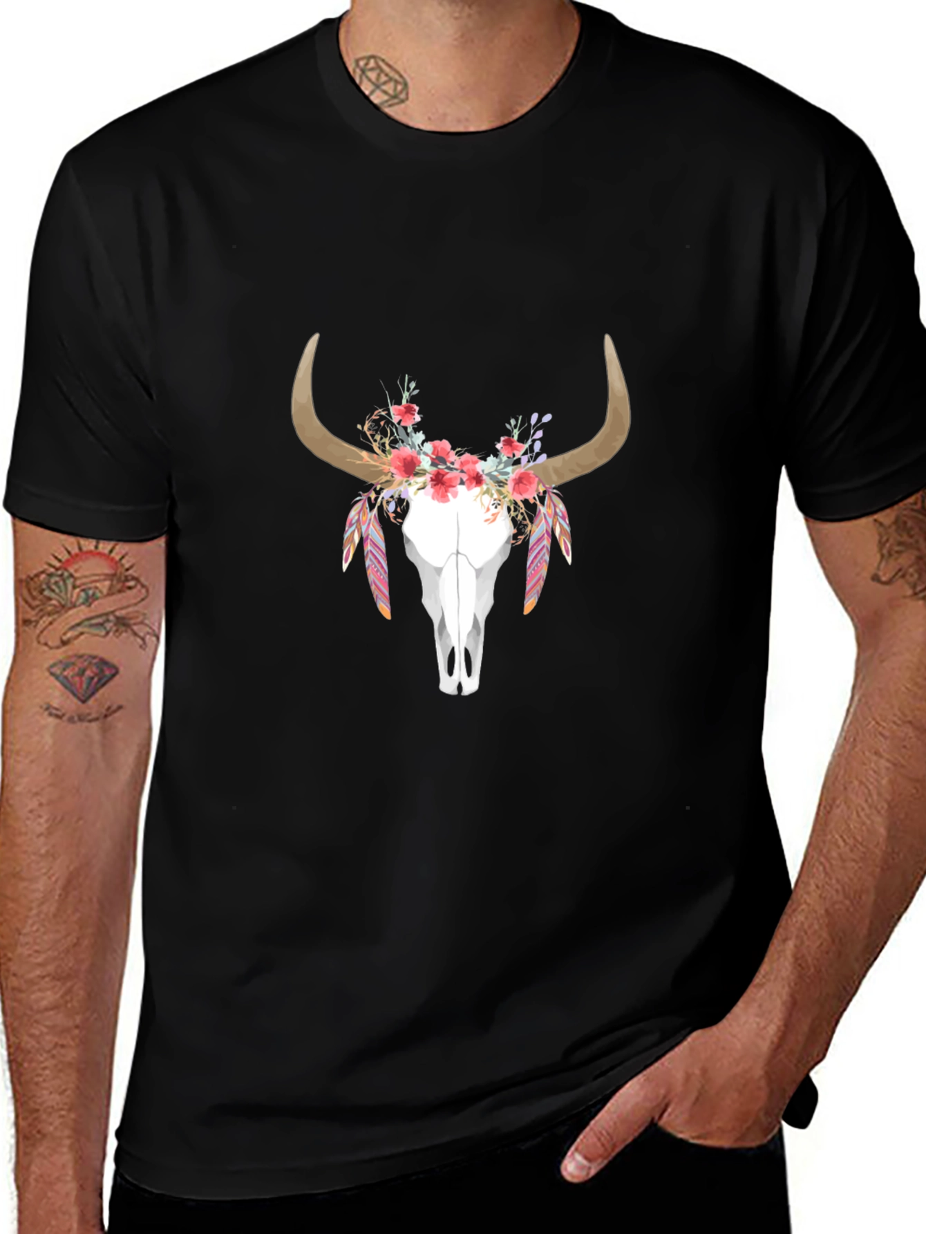 Variant 28 of Floral Bull Skull Graphic Tee - Black Cotton Casual