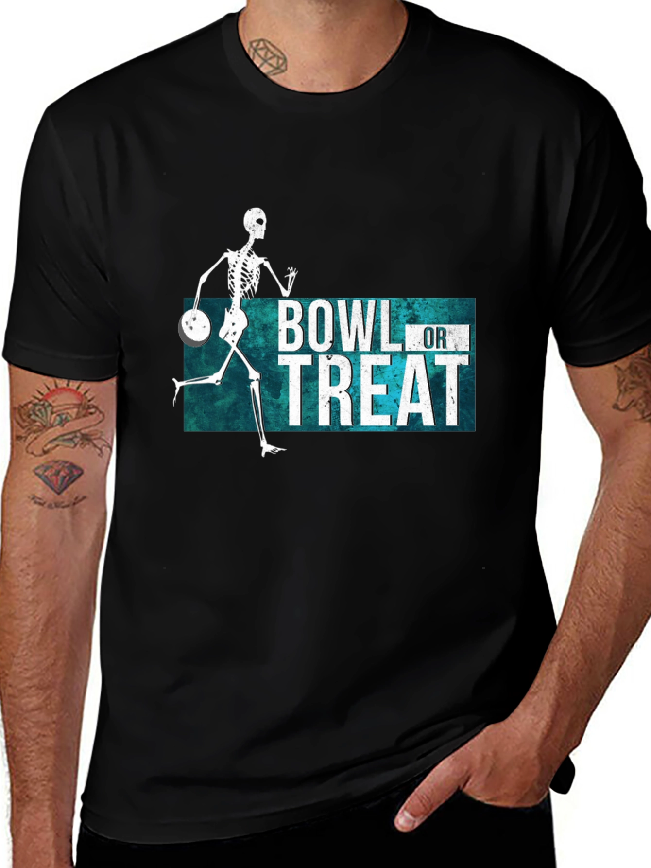 Bowl or Treat Graphic T-Shirt - Halloween Bowling Skeleton Tee