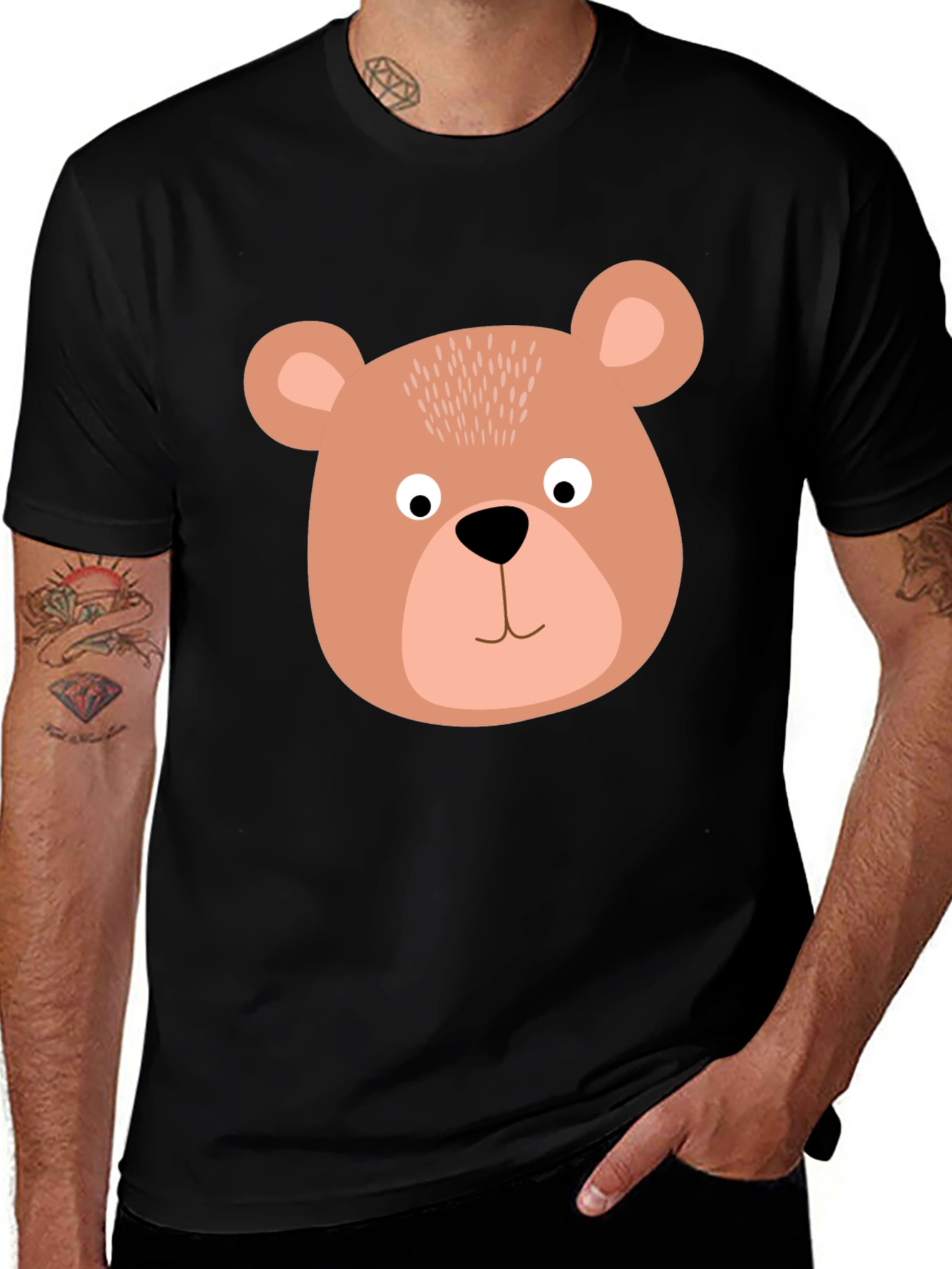 Variant 7 of Cute Bear Face Graphic Tee - Black Cotton T-Shirt