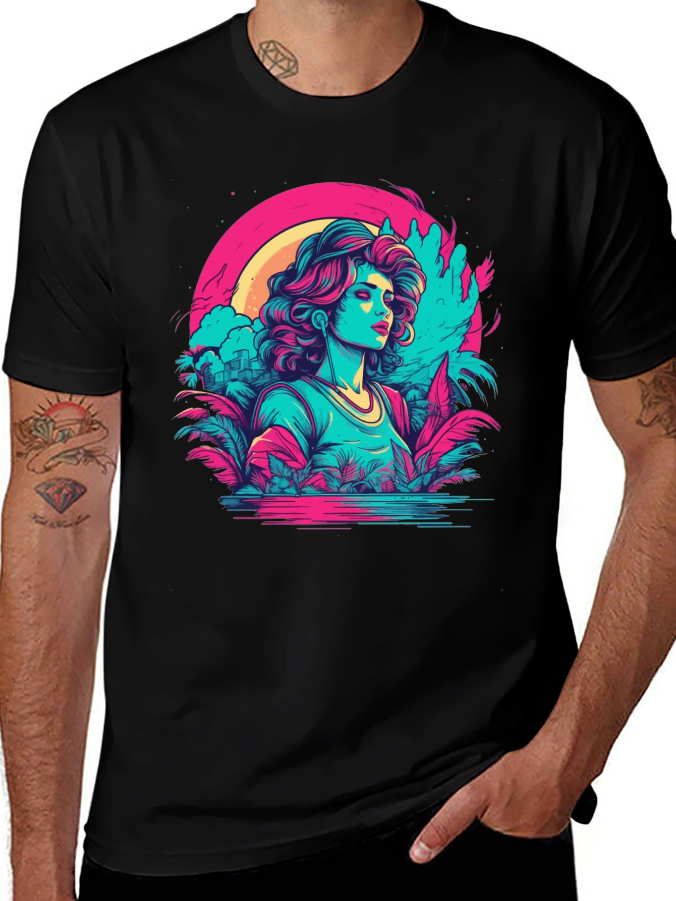 Variant 20 of Retro Wave T-Shirt: Synthwave Tropical Girl Tee