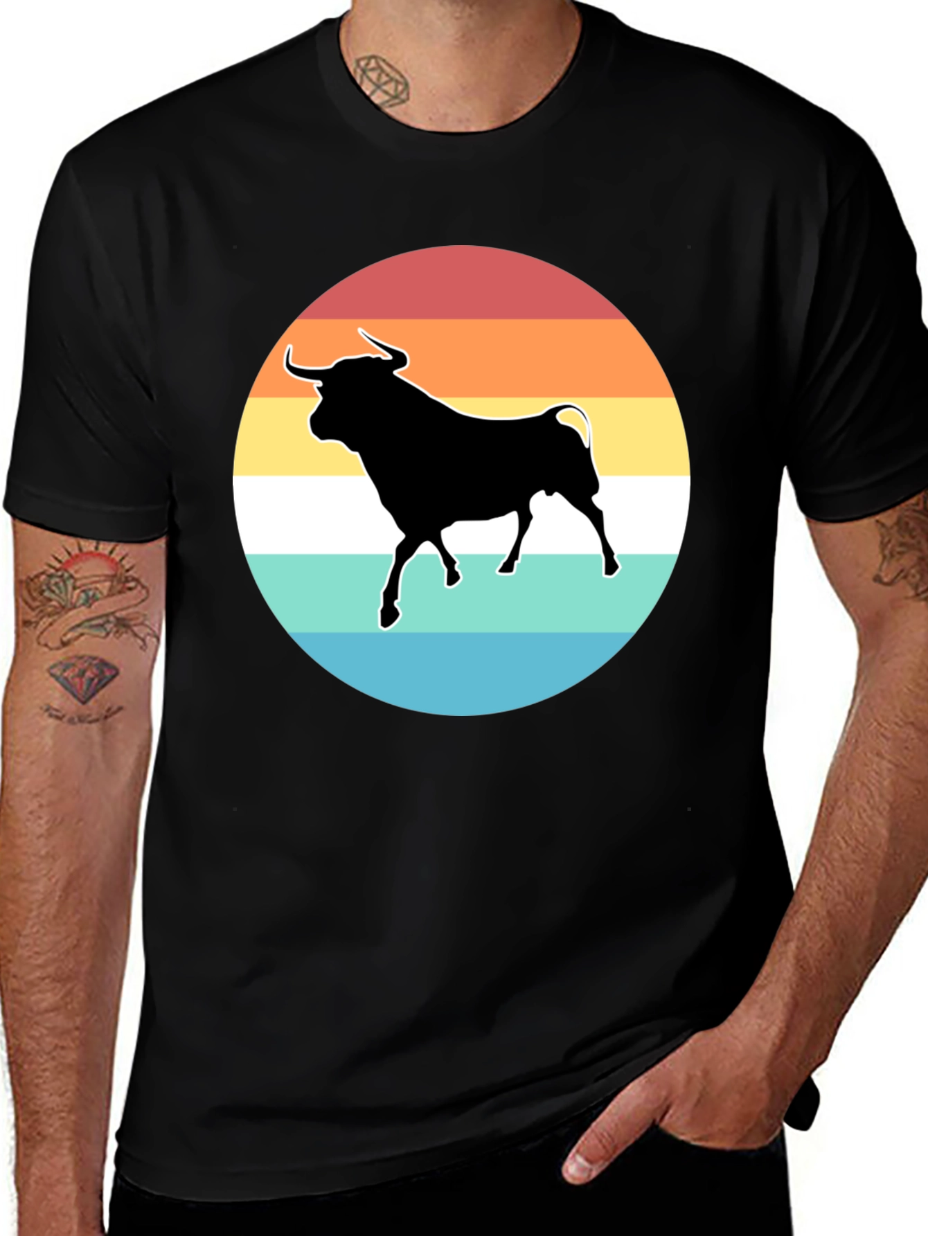 Variant 7 of Retro Bull T-Shirt - Black Cotton Graphic Tee