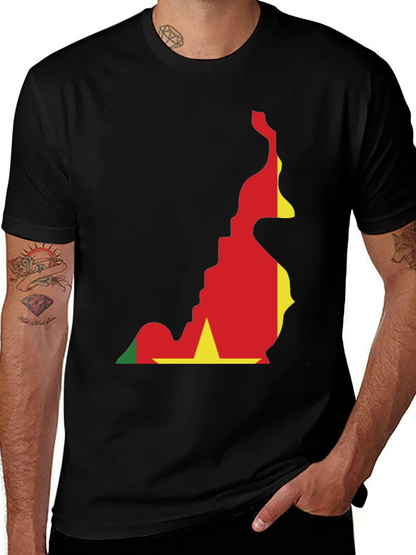 Variant 7 of Cameroon Flag Map T-Shirt - Black Crew Neck Tee