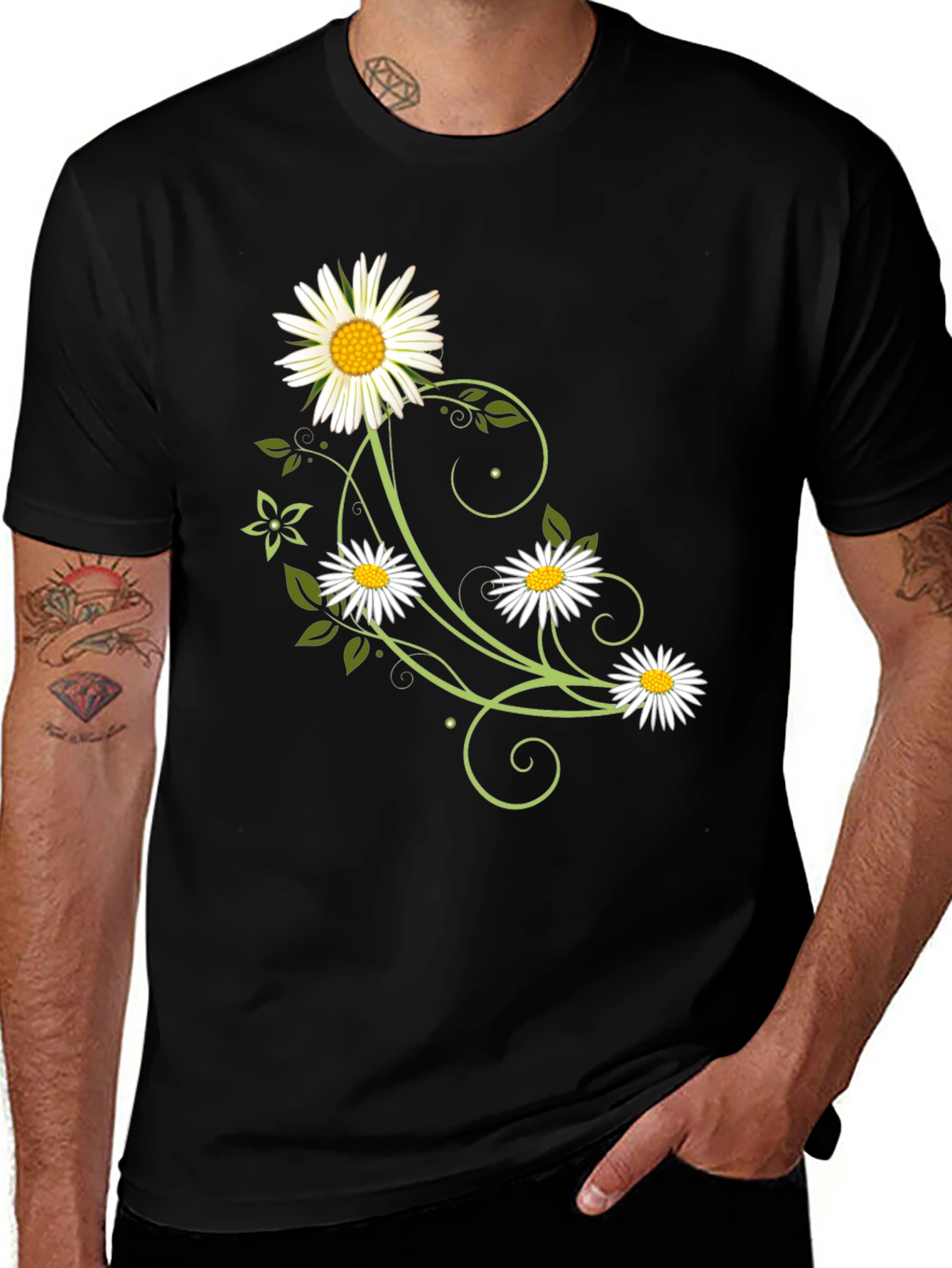 Variant 28 of Floral Daisy Graphic Tee - Black Cotton Shirt