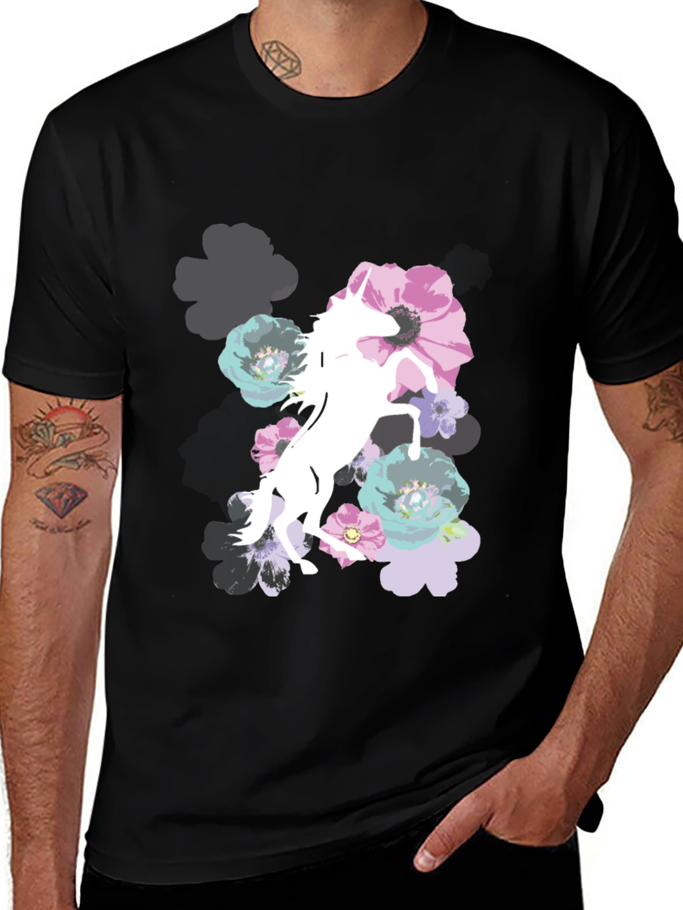 Variant 23 of Unicorn Floral Graphic T-Shirt - Men's Black Tee