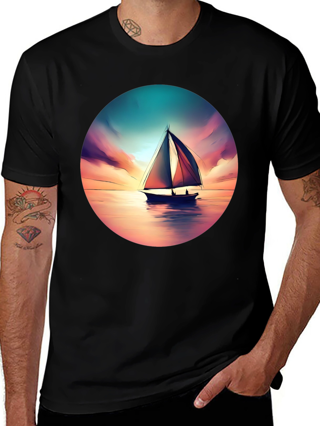 Variant 30 of Sunset Sailboat Graphic Tee - Black Cotton T-Shirt