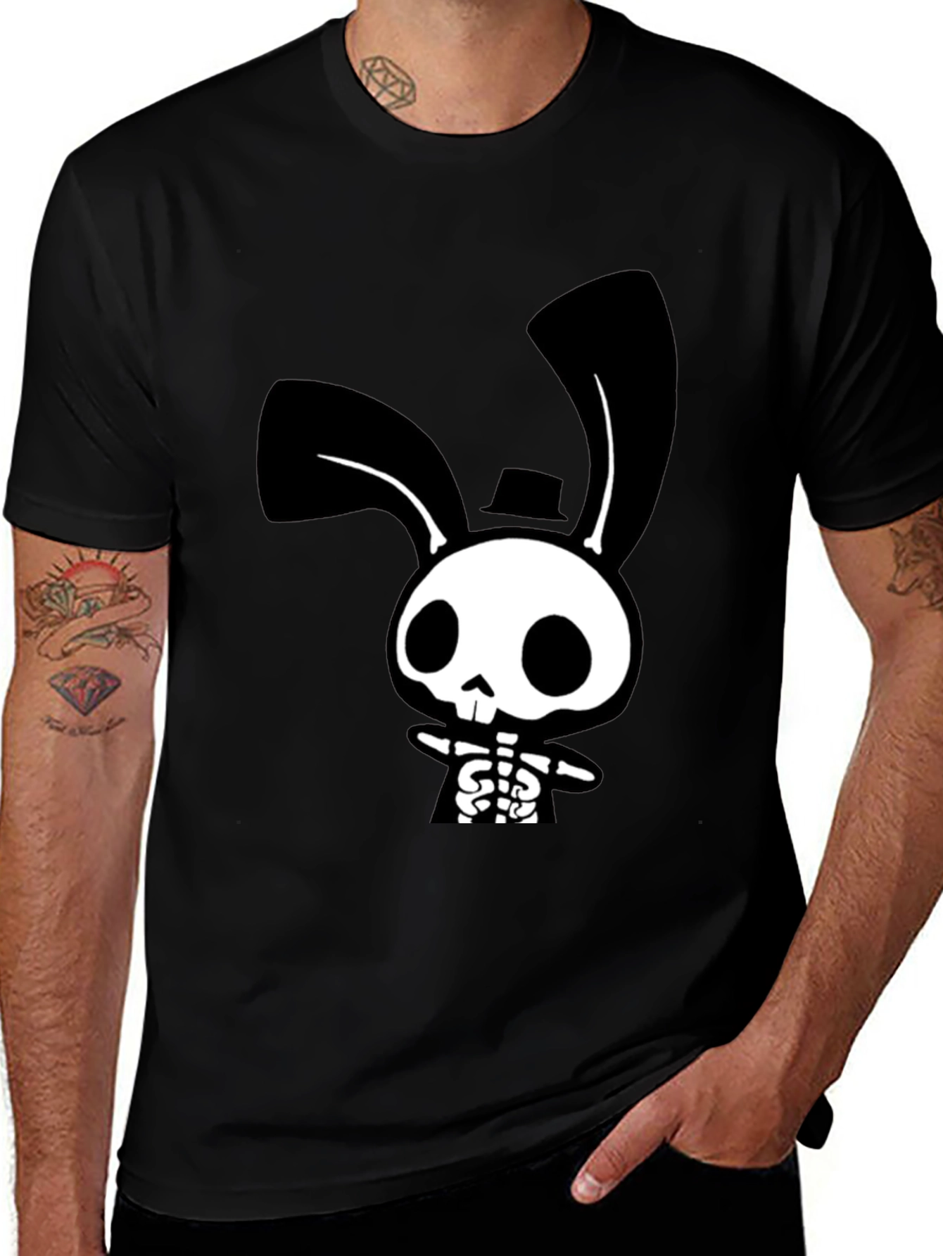 Variant 6 of Skeleton Bunny Graphic Tee - Black Cotton Blend Shirt