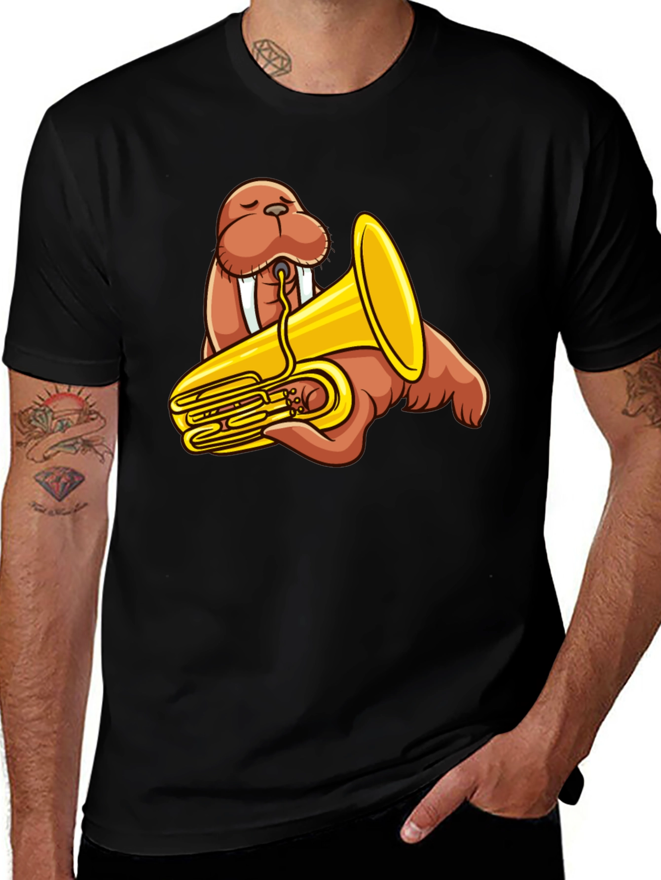 Variant 13 of Walrus Tuba Player Graphic Tee - Black Cotton Shirt
