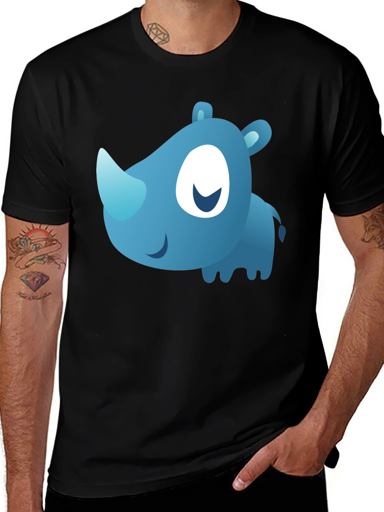 Variant 4 of Cute Blue Cartoon Rhino Black T-Shirt