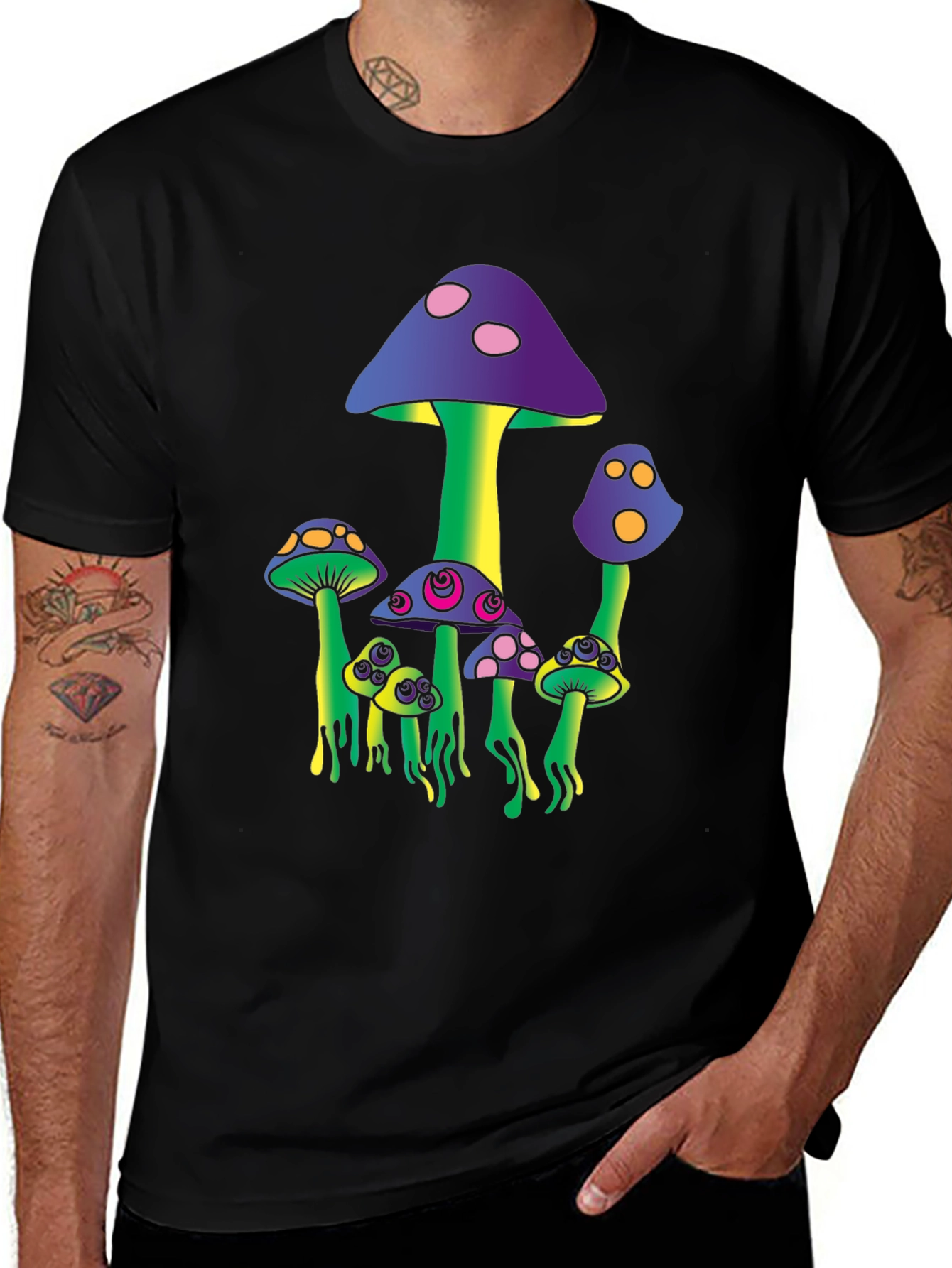 Variant 15 of Funky Mushroom Graphic Tee - Black Cotton Blend