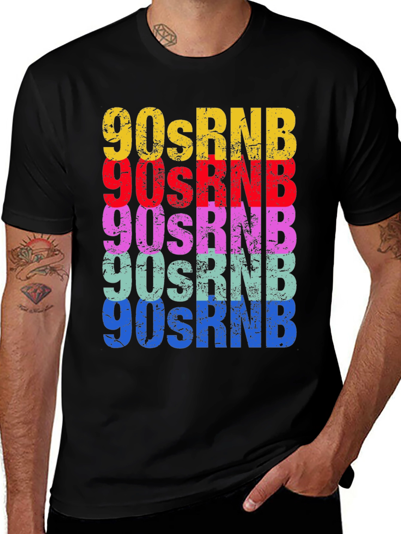 90s RNB Colorful Graphic Print Black T-Shirt