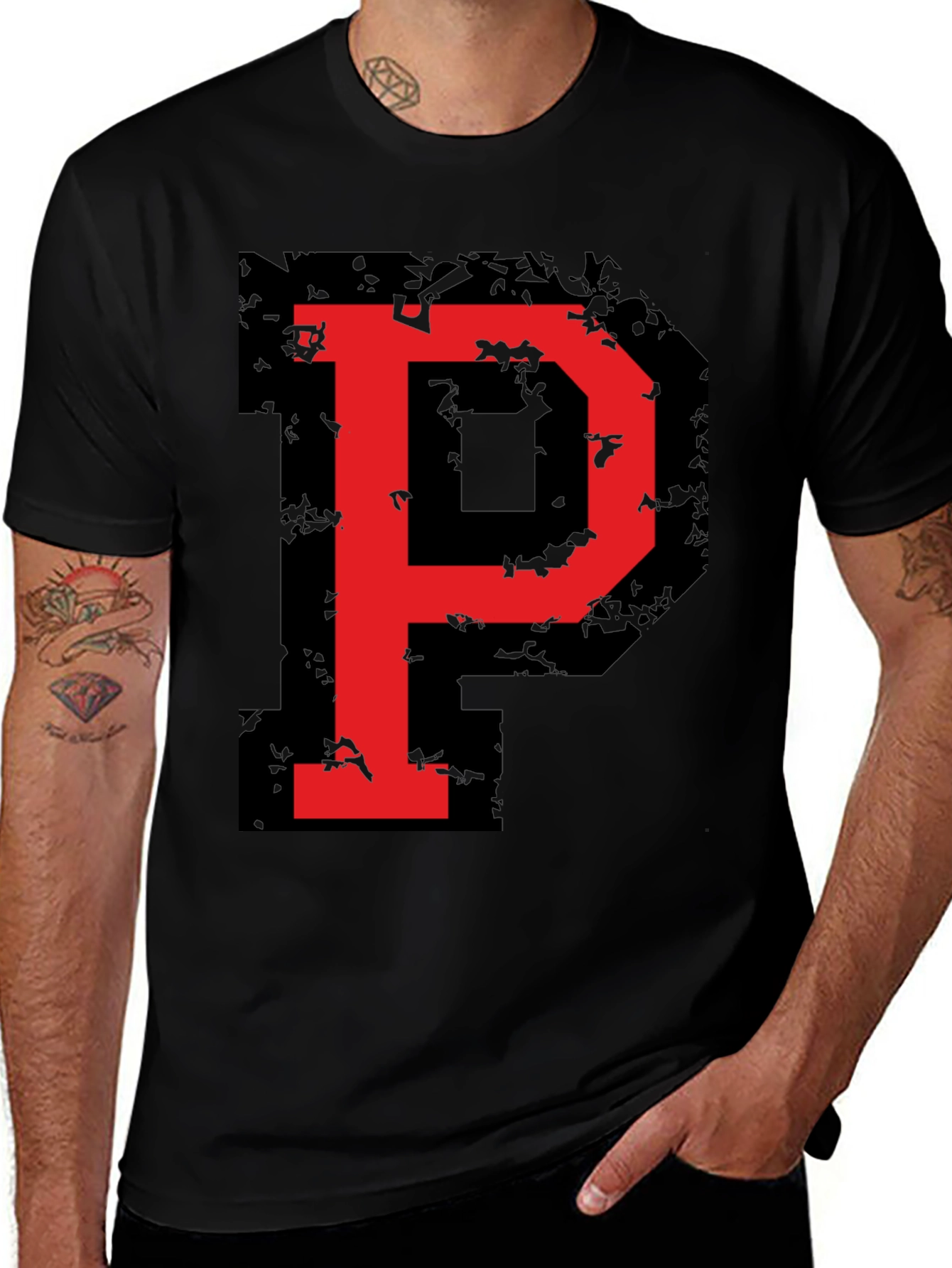 Variant 18 of Bold Red 'P' Graphic Black T-Shirt