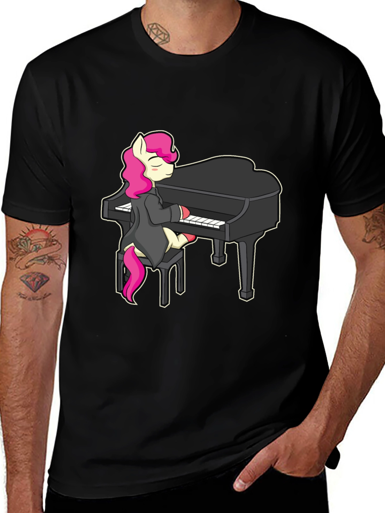 Black Pony Playing Piano T-Shirt - Cute Cartoon Design main image