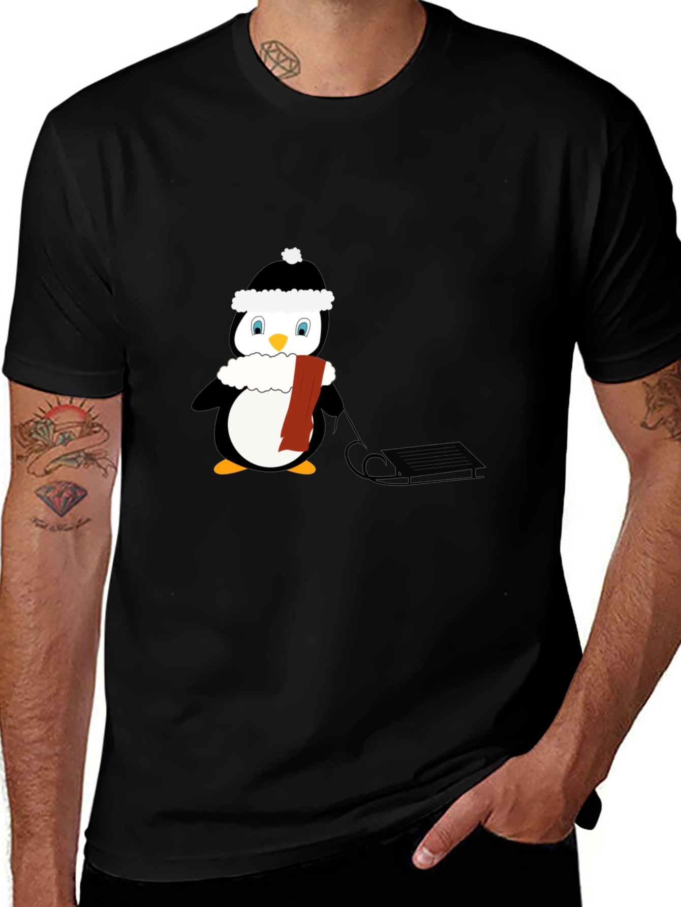 Penguin Sledding Graphic T-Shirt - Winter Fun!