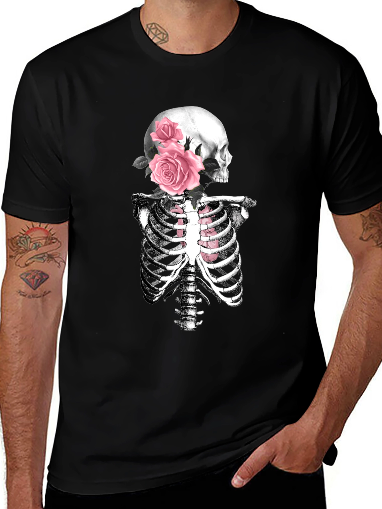 Floral Skull & Ribcage T-Shirt - Gothic Style