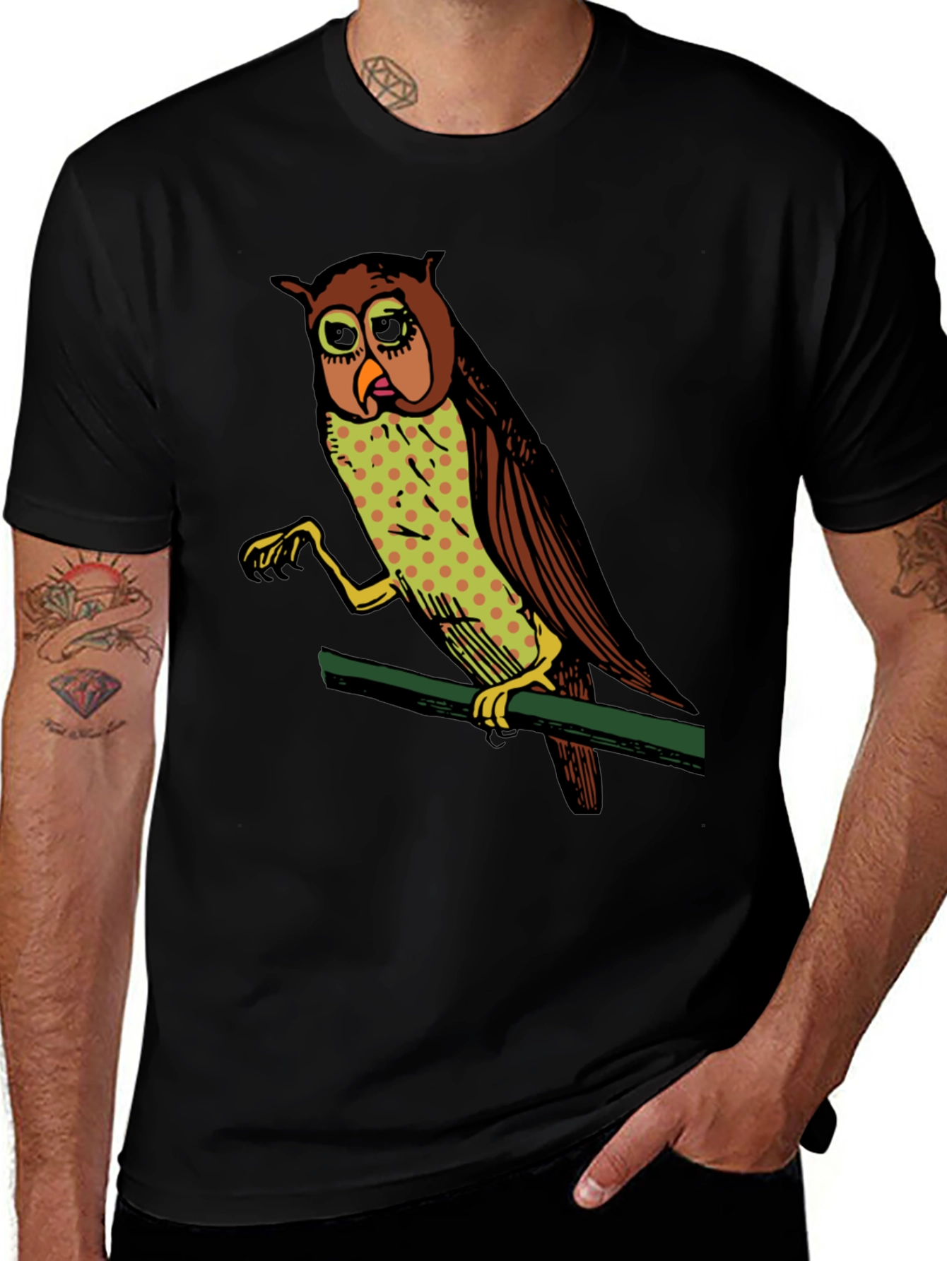 Variant 17 of Funny Owl Graphic T-Shirt - Black Cotton Tee